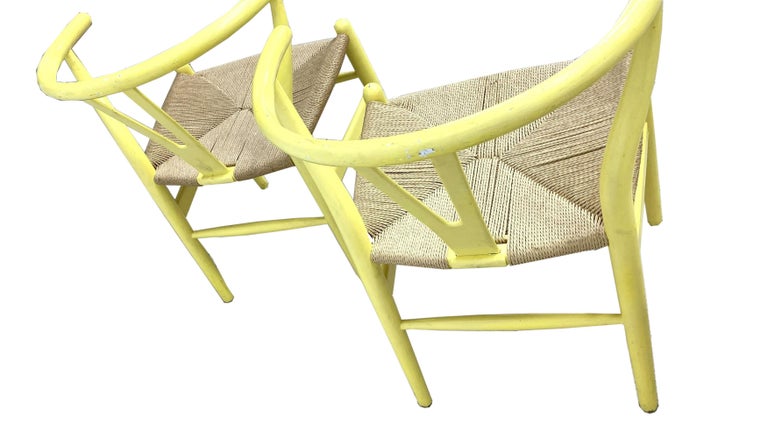 Rush Set of 4 Hans Wegner Wishbone Chairs Painted Yellow For Sale