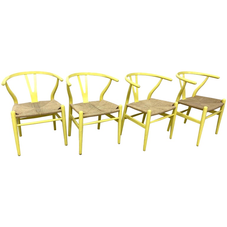 Set of 4 Hans Wegner Wishbone Chairs Painted Yellow For Sale