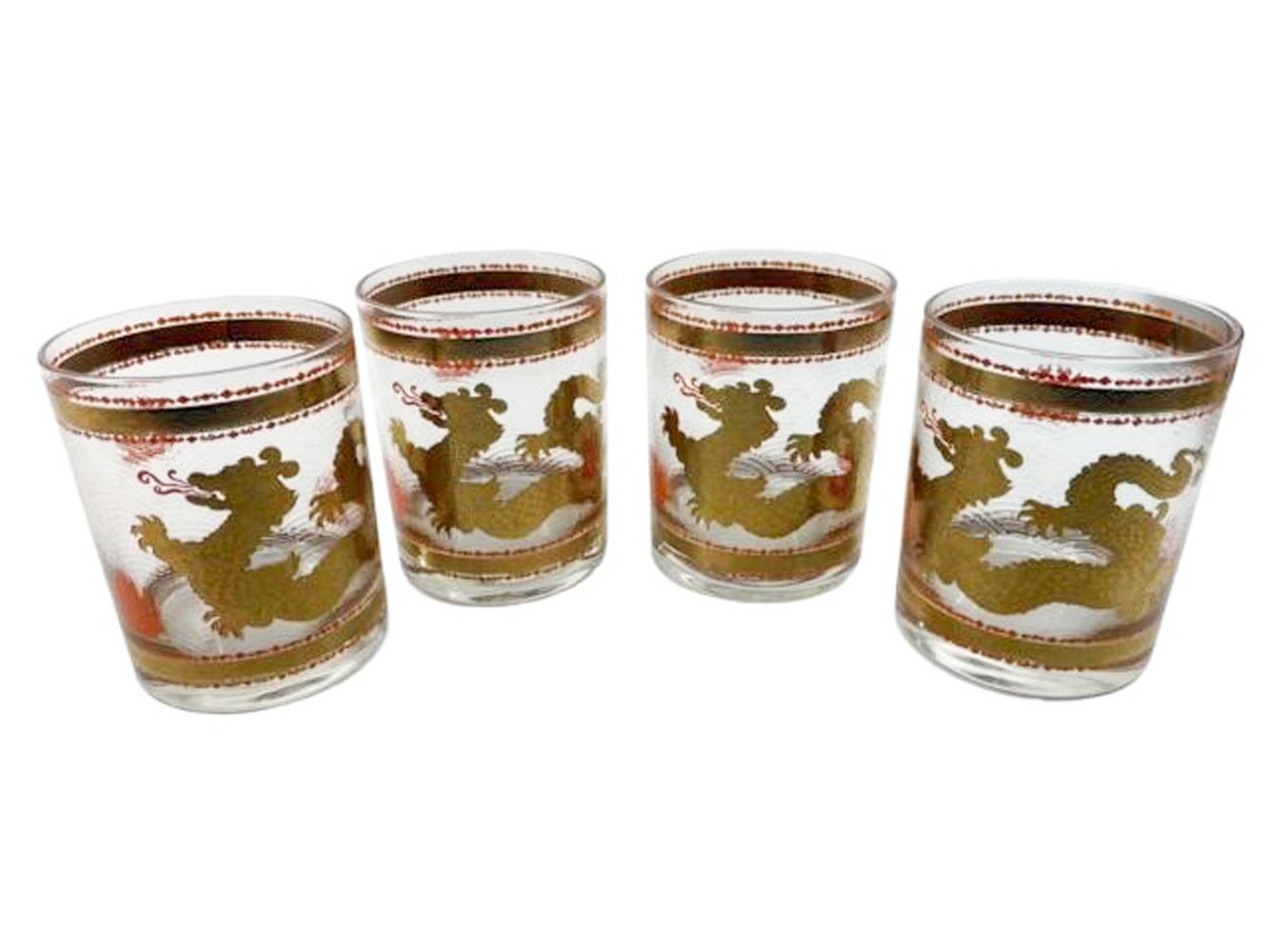 Four Large size vintage rocks glasses by Cera with a Golden Dragon chasing the 