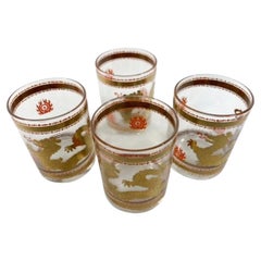 Vintage Set of 4 Hard to Find Cera Glassware "Golden Dragon" Large Rocks Glasses