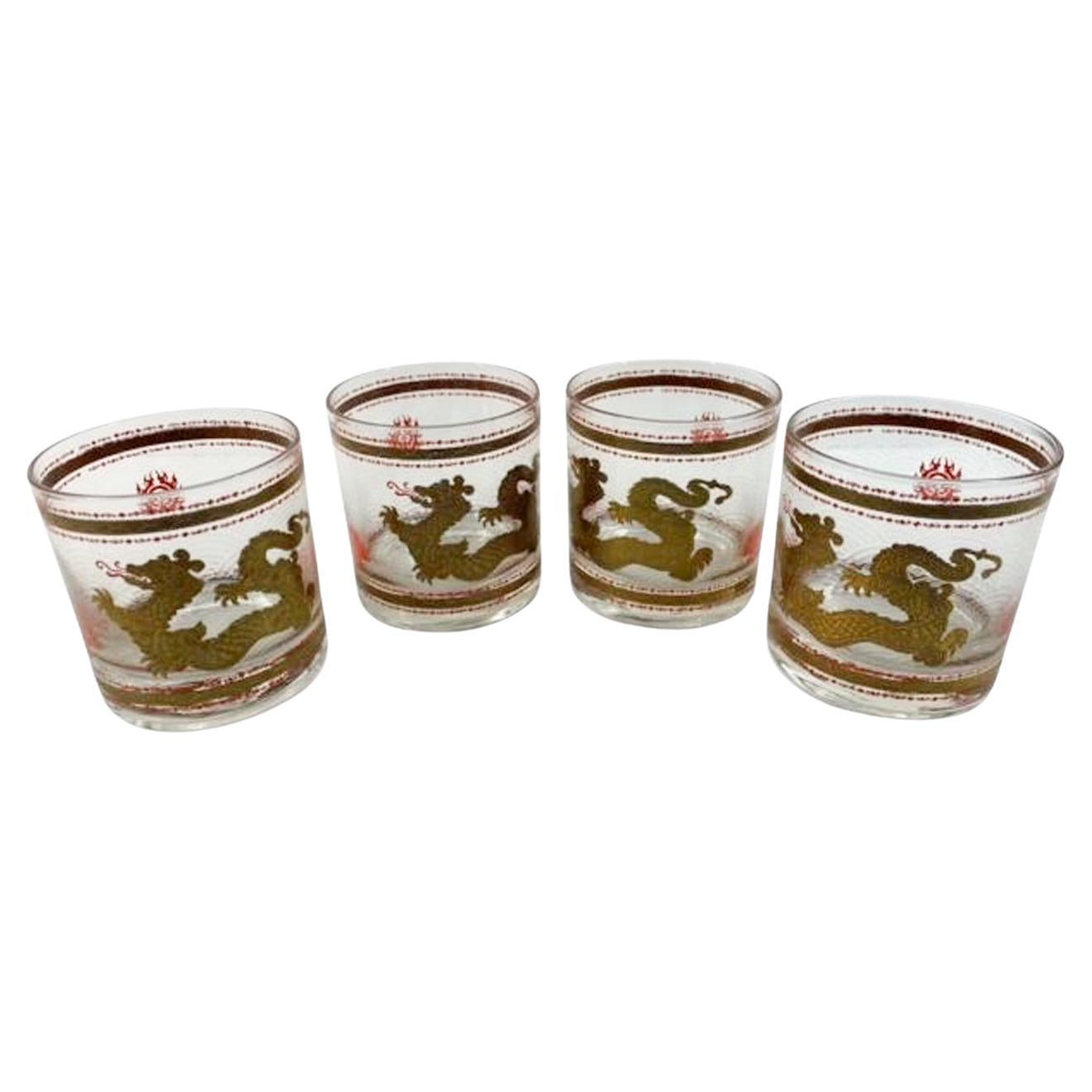 Set of 4 Hard to Find Cera Glassware "Golden Dragon" Rocks Glasses For Sale