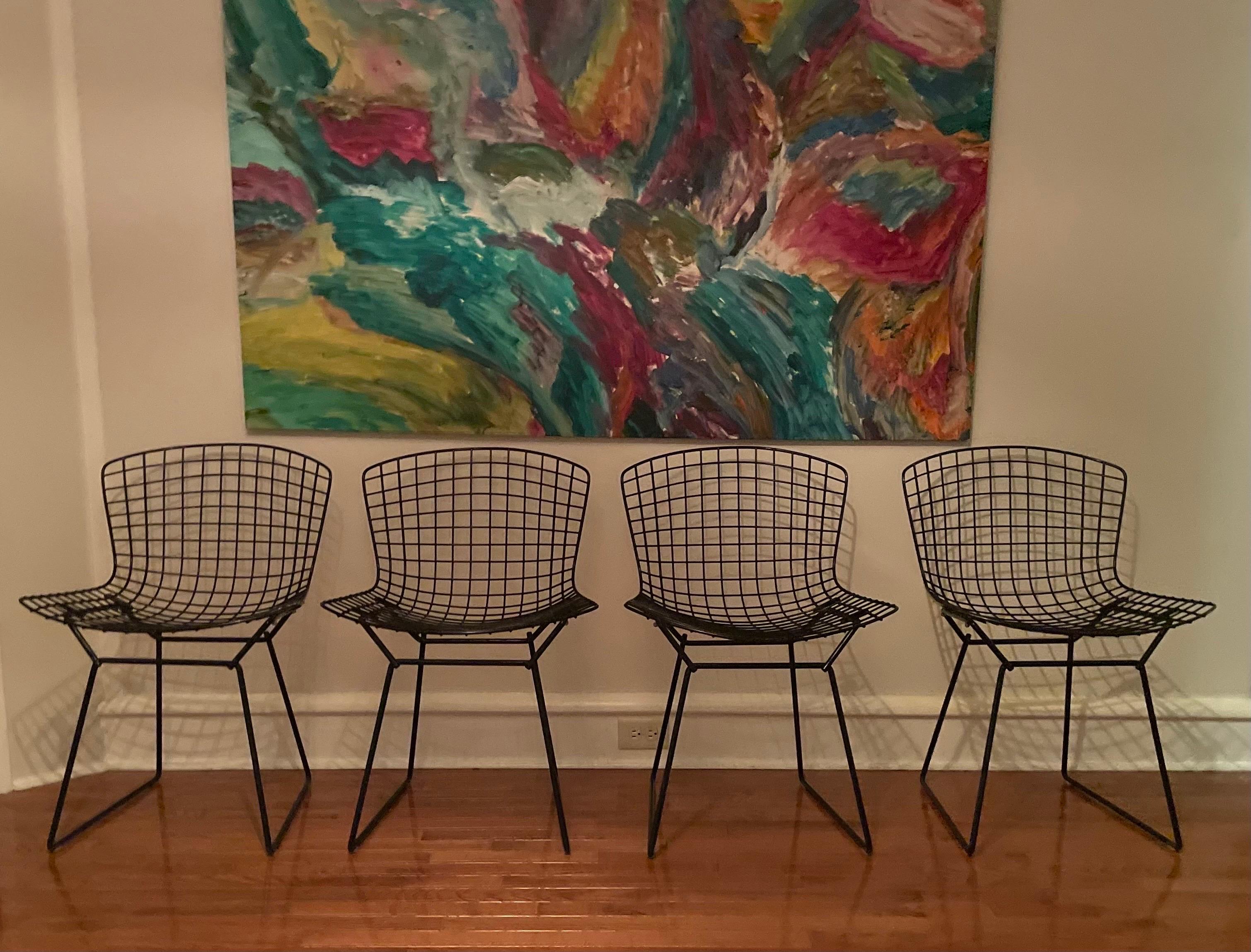 American Set of 4 Harry Bertoia for Knoll Side Dining Chairs in Black, Model 420C