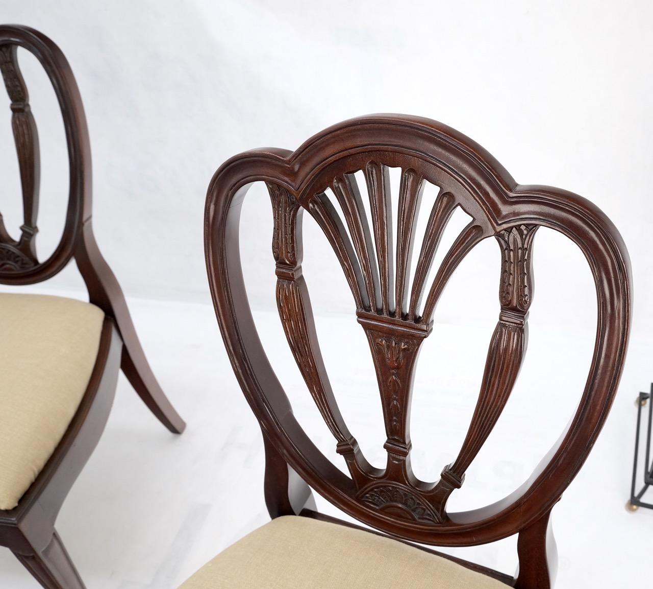 Set of 4 heart shape shield back carved mahogany federal chairs new linen upholstery.