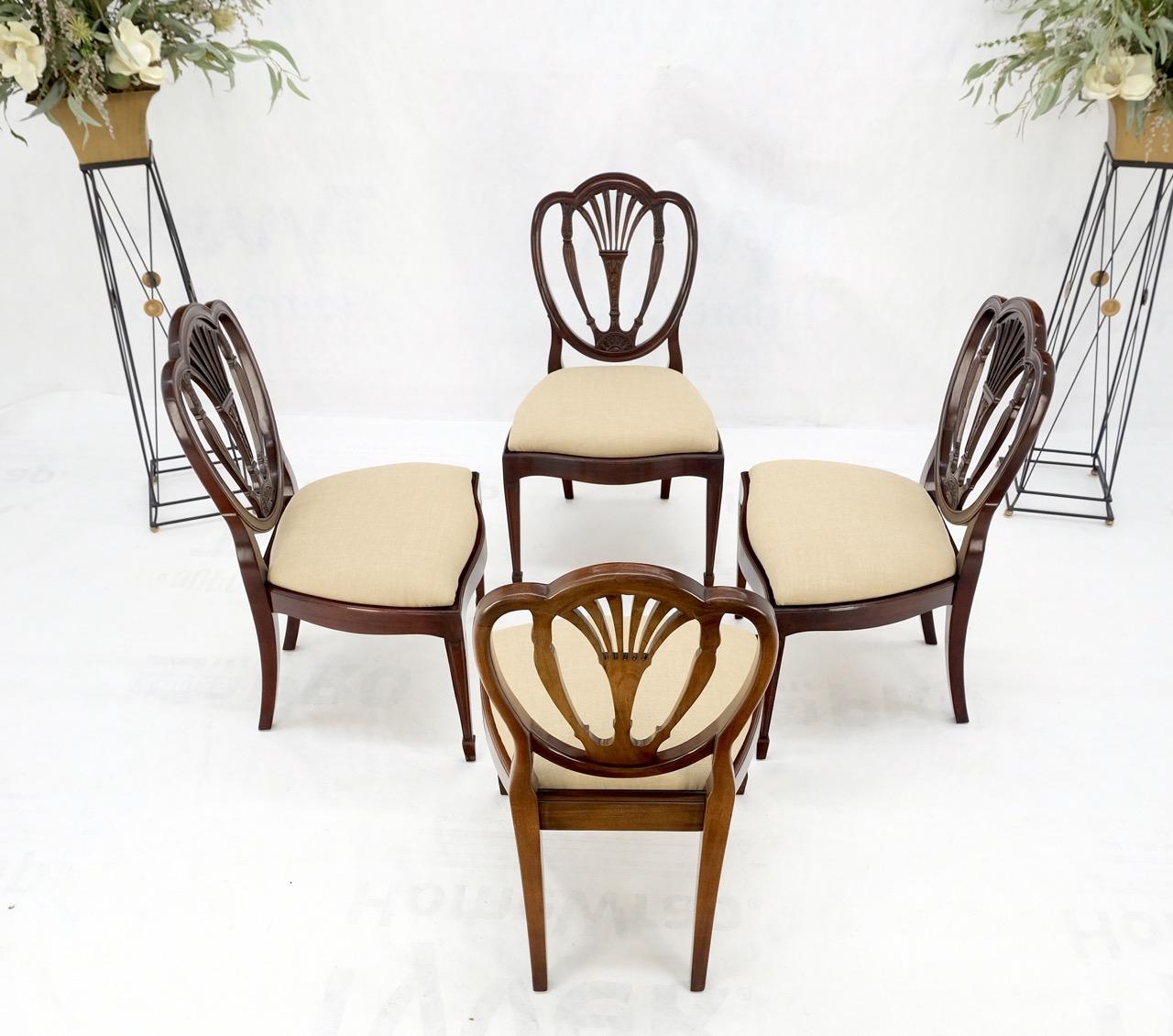 Set of 4 Heart Shape Shield Back Carved Mahogany Federal Chairs New Linen Uphols For Sale 1