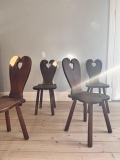 Set of 4 Heart Shaped Oak Folk Farmhouse Hand-Carved Dining Chairs, ca. 1950s.