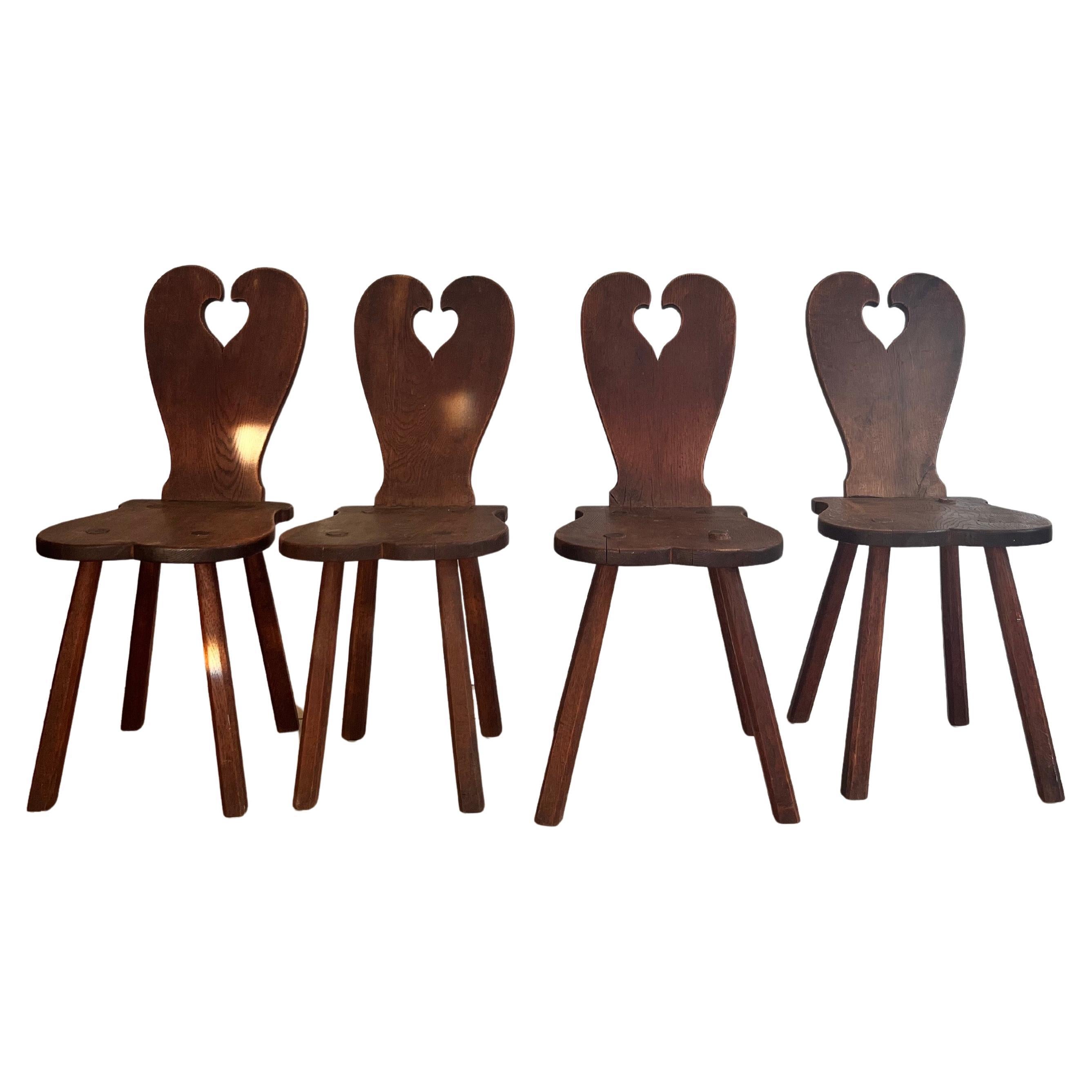 Set of 4 Heart Shaped Oak Folk Farmhouse Hand-Carved Dining Chairs, ca. 1950s.
