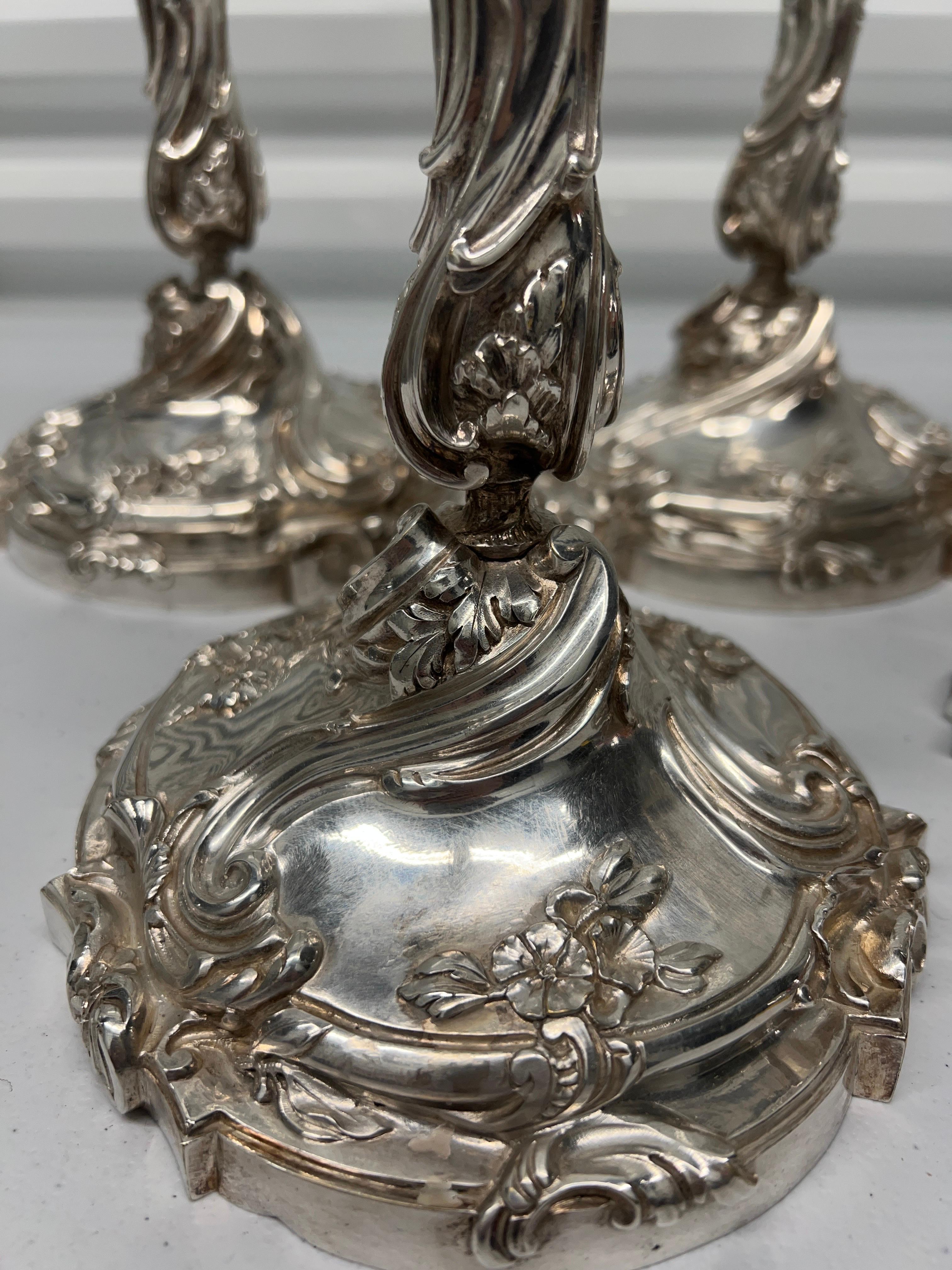 Set of 4, Henri Vian Silver Gilt Bronze Louis XV Style Candlesticks Circa 1880 For Sale 5