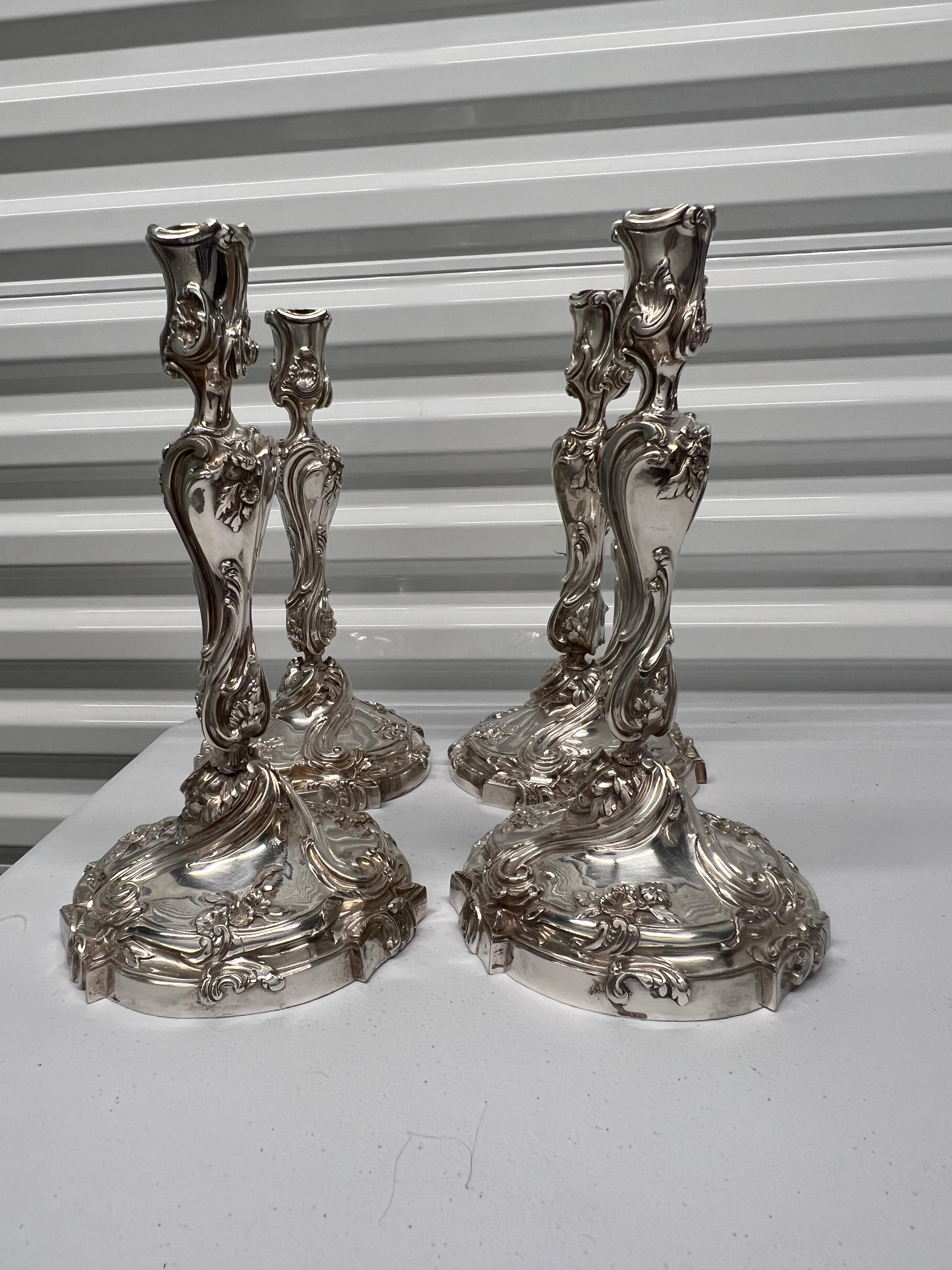 Set of 4, Henri Vian Silver Gilt Bronze Louis XV Style Candlesticks Circa 1880 For Sale 13