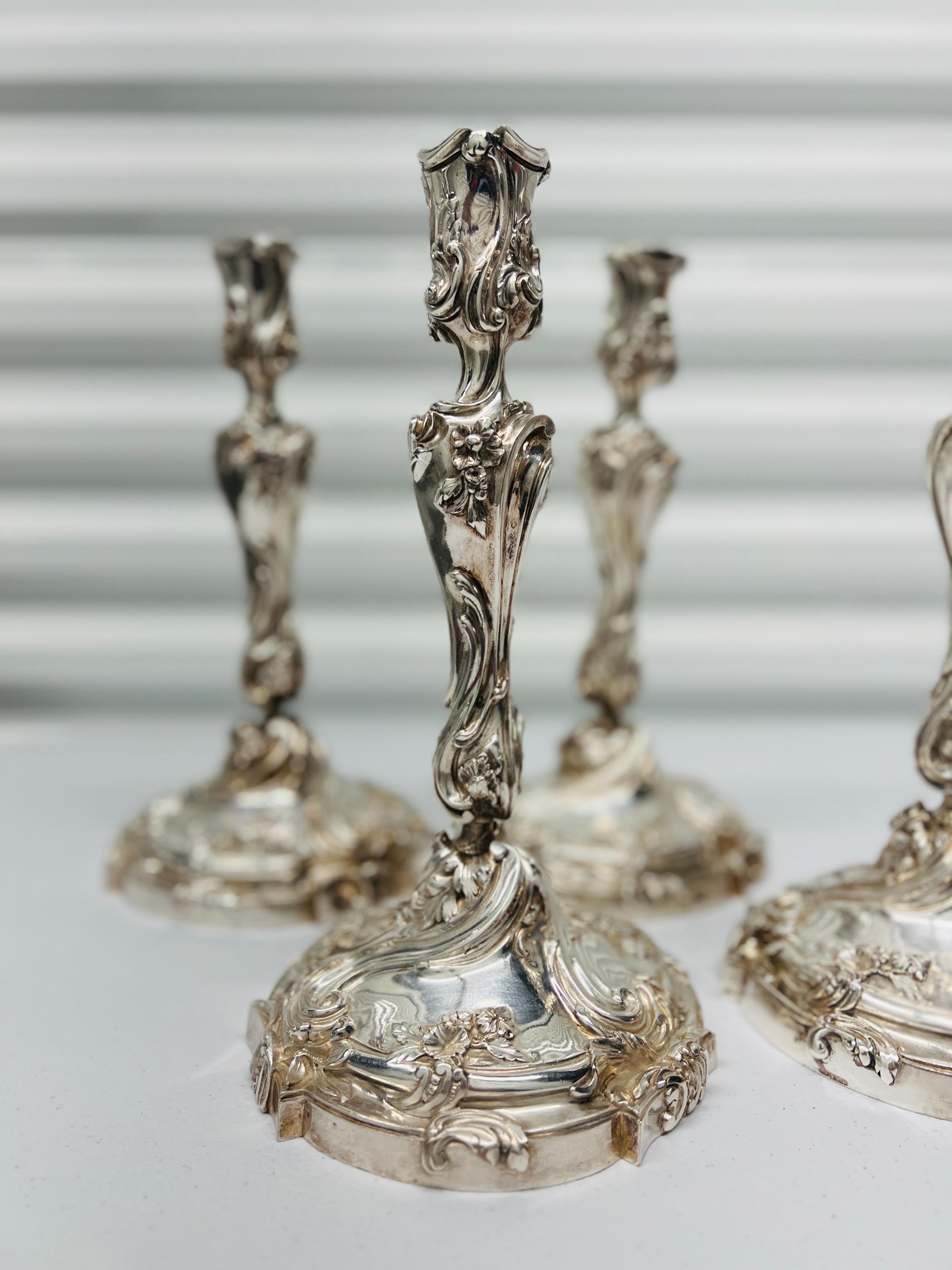 Set of 4, Henri Vian Silver Gilt Bronze Louis XV Style Candlesticks Circa 1880 In Good Condition For Sale In Atlanta, GA