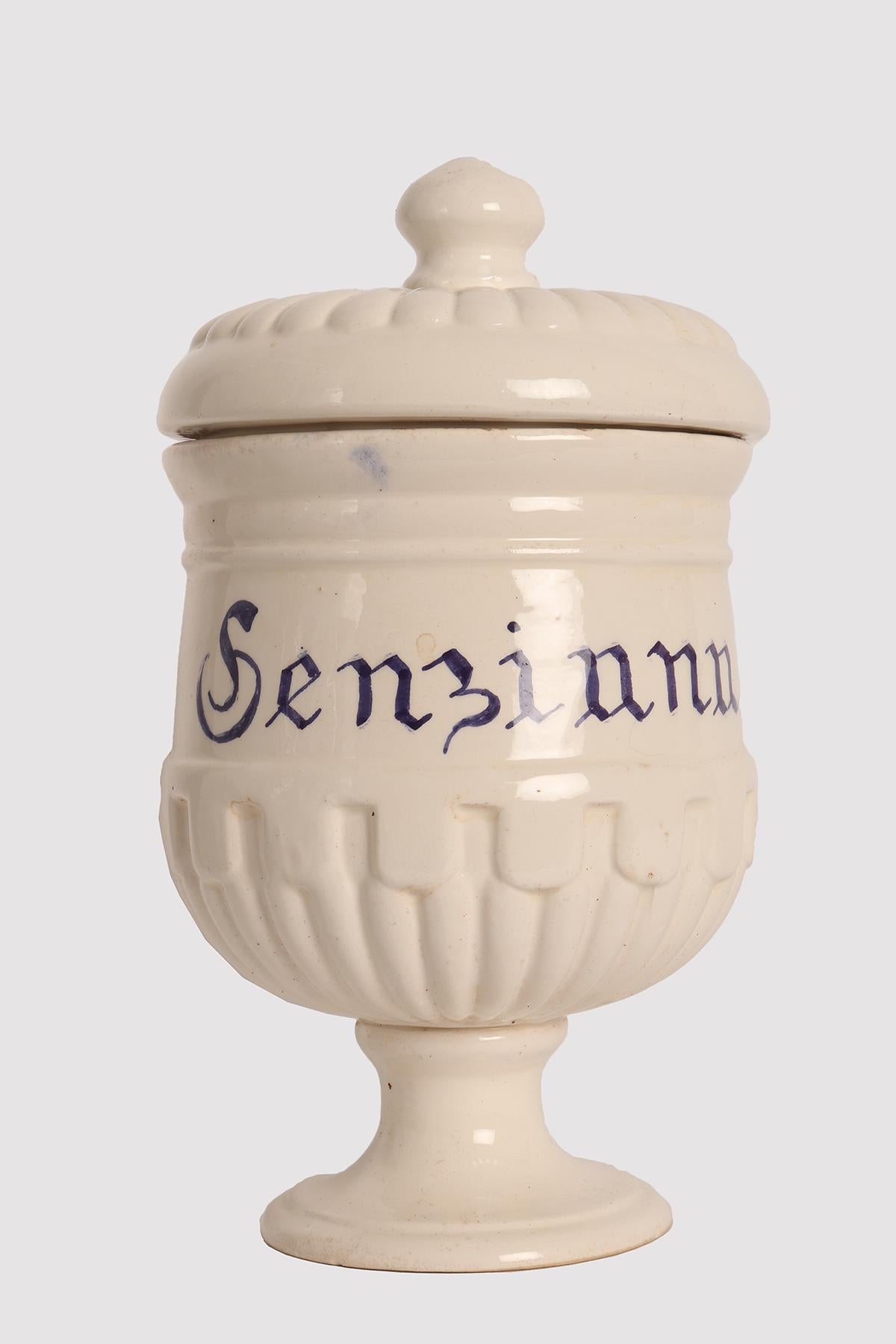 19th Century Set of 4 herbalist pharmacy ceramic jars, Italy 1890. For Sale