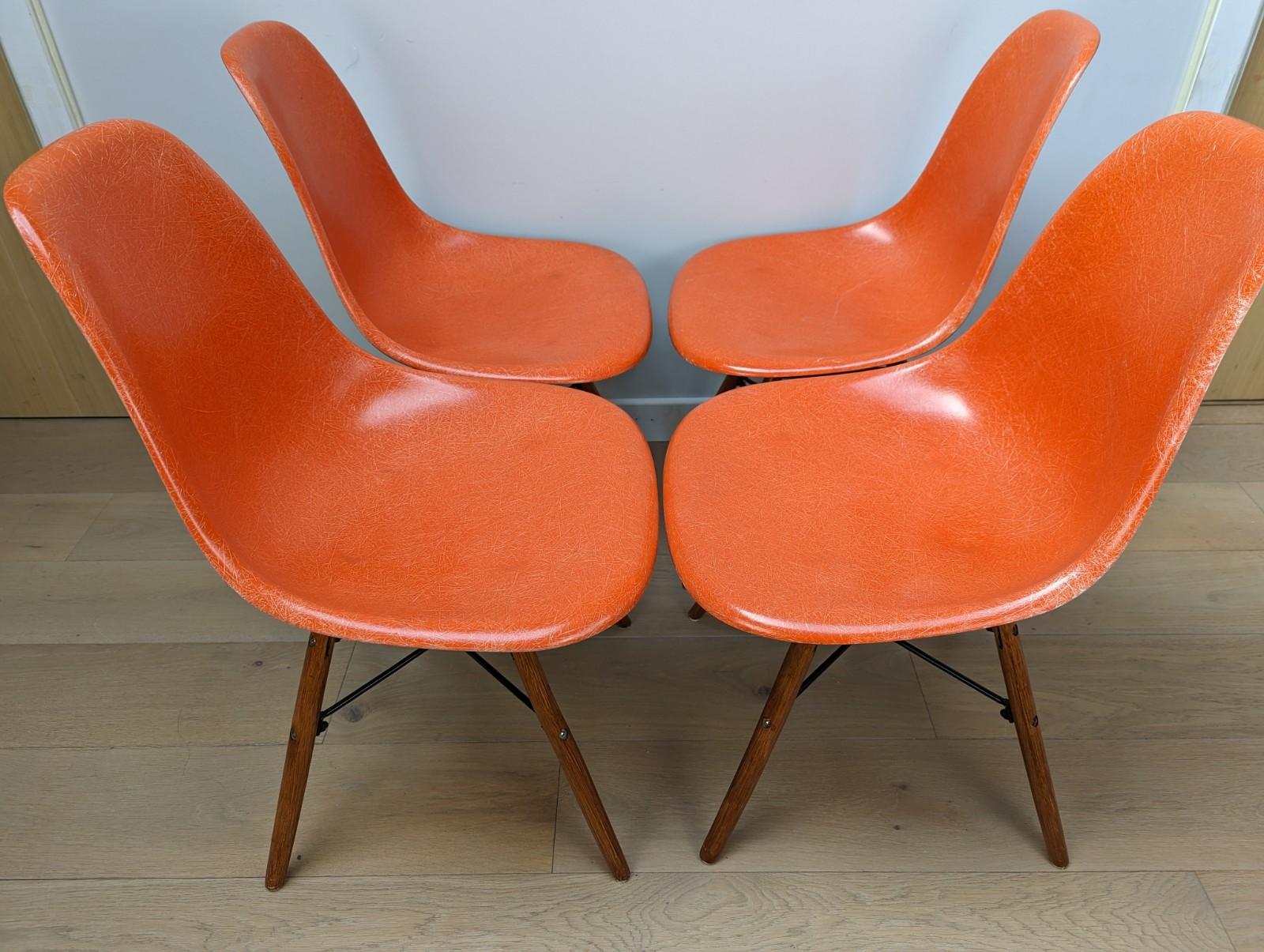 Set of 4 Herman Miller Fiberglass Eames DSW Chairs - Orange 9