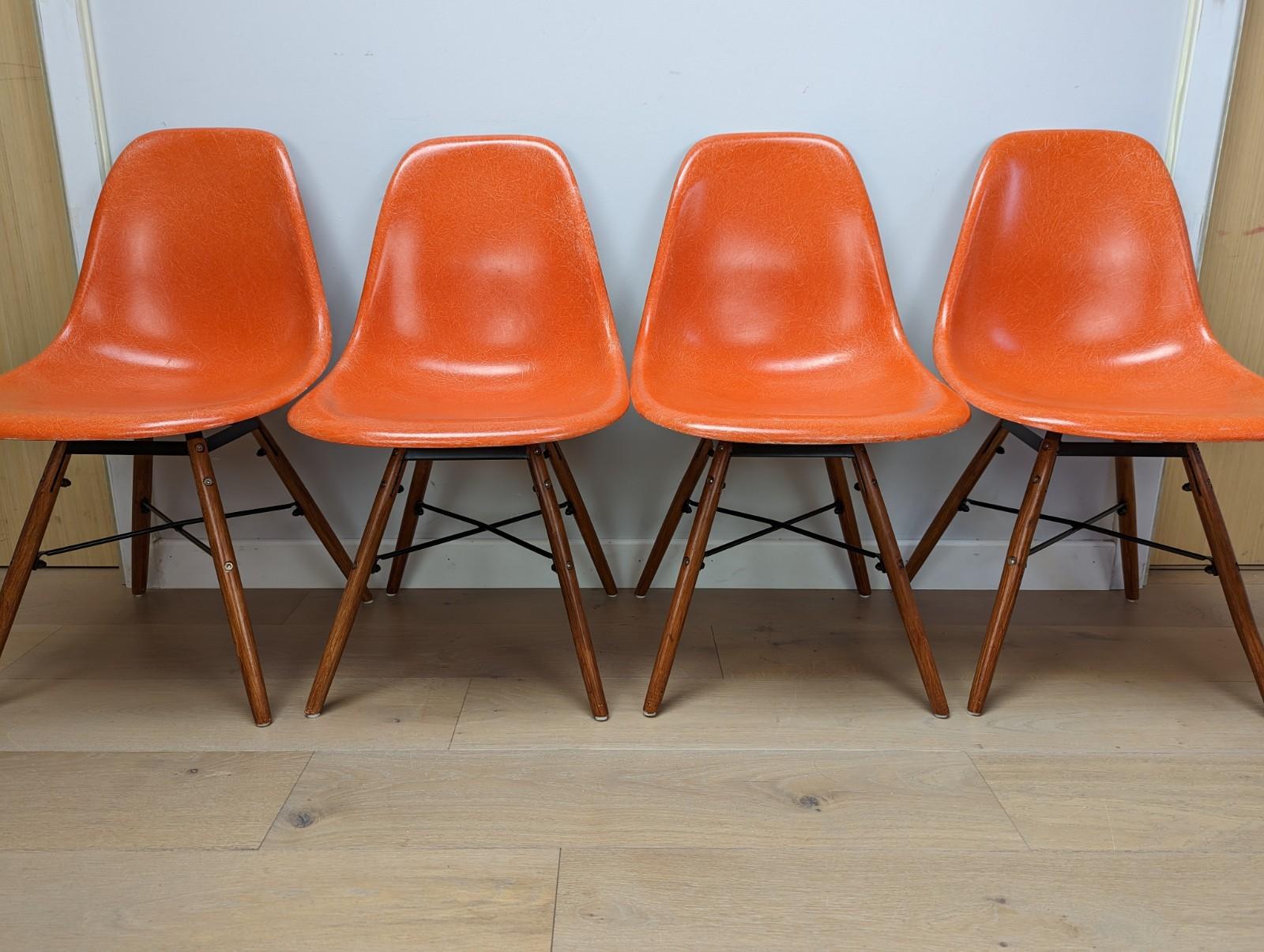 American Set of 4 Herman Miller Fiberglass Eames DSW Chairs - Orange