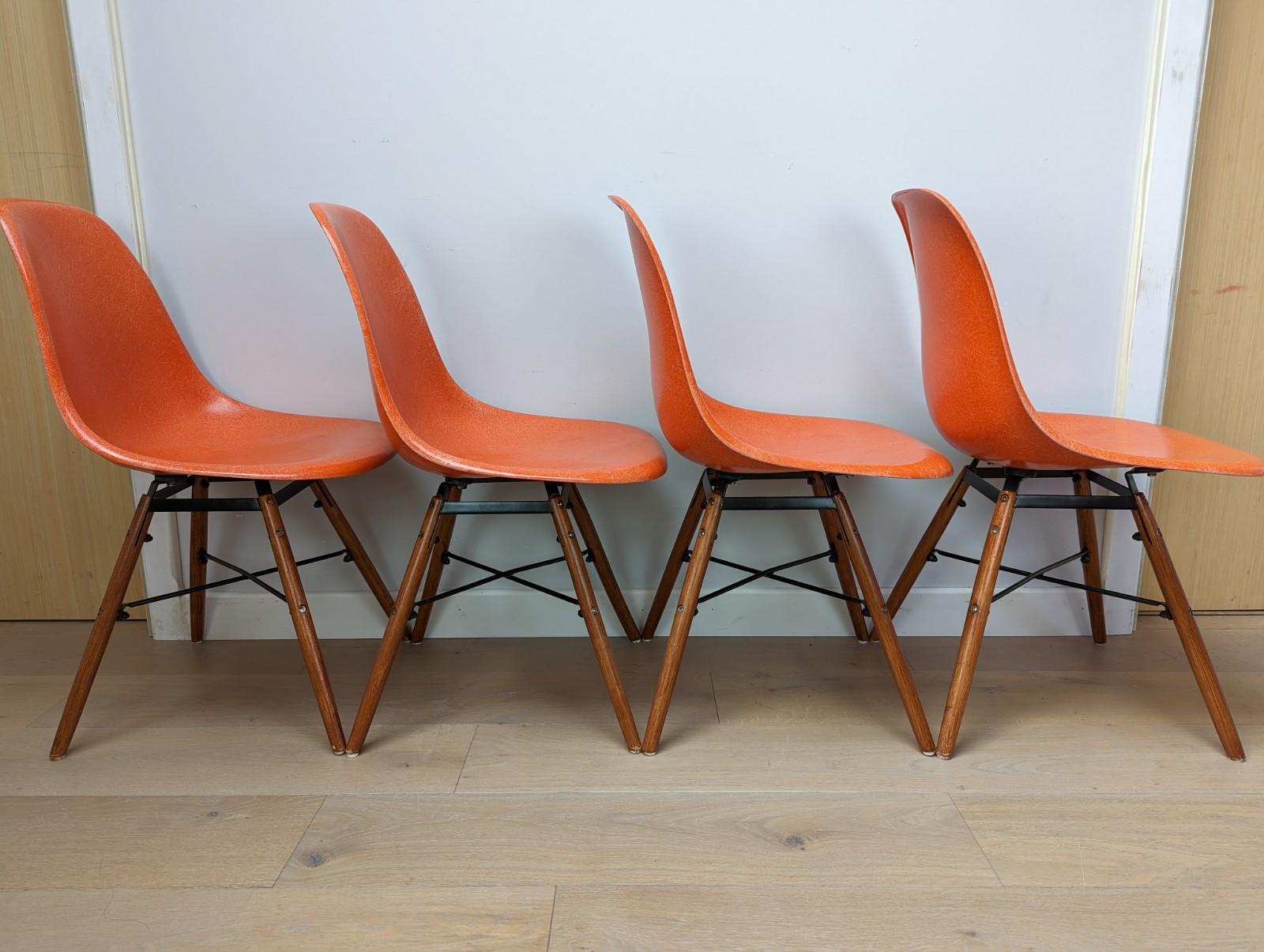 Set of 4 Herman Miller Fiberglass Eames DSW Chairs - Orange 1