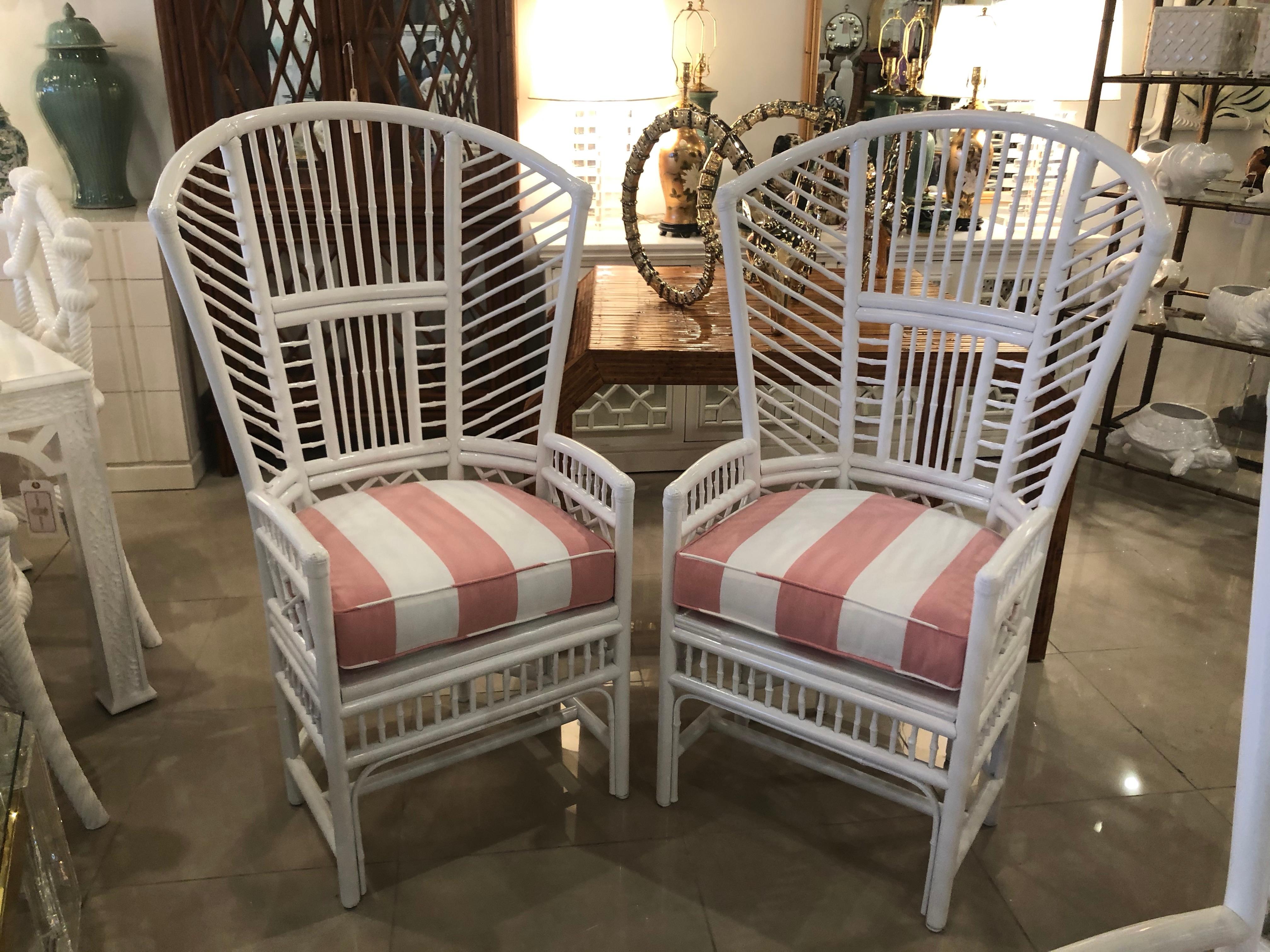 Set of 4 High Back Brighton Style Lacquered White Rattan Dining Chairs 1