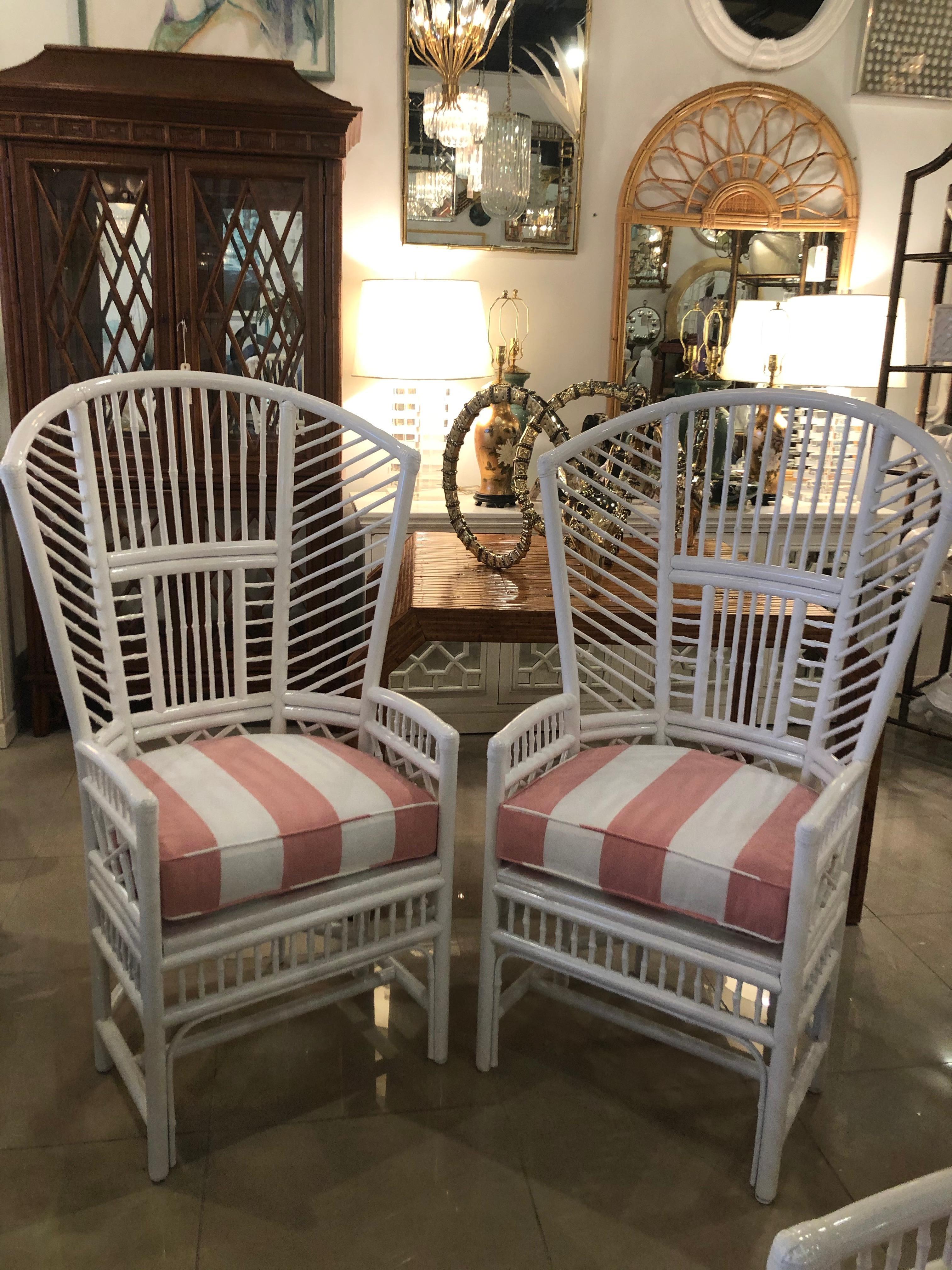 Set of 4 High Back Brighton Style Lacquered White Rattan Dining Chairs 2