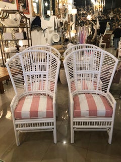 Set of 4 High Back Brighton Style Lacquered White Rattan Dining Chairs