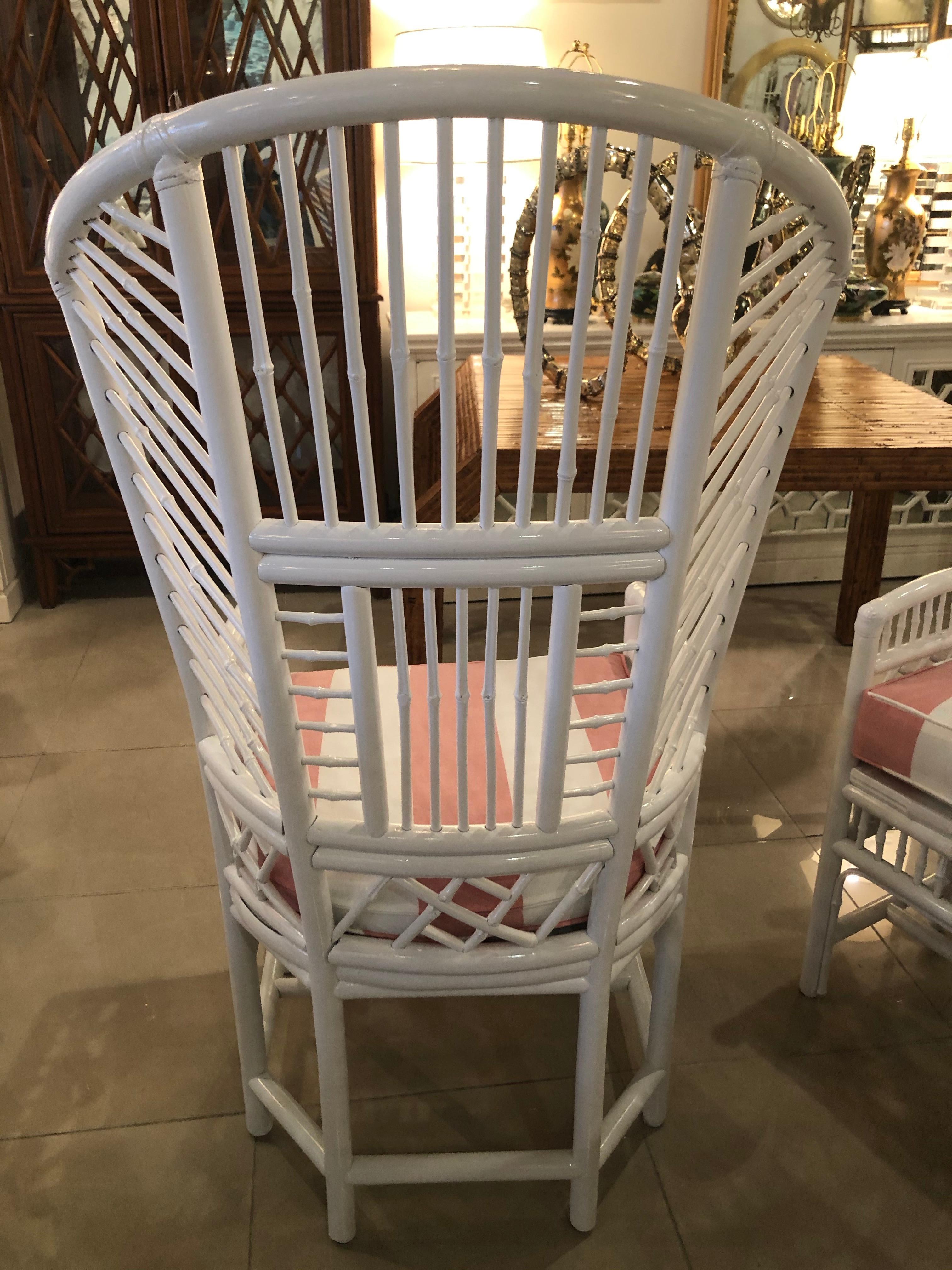 Set of 4 High Back Brighton Style Lacquered White Rattan Dining Chairs In Excellent Condition In West Palm Beach, FL
