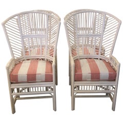 Vintage Set of 4 High Back Brighton Style Lacquered White Rattan Dining Chairs