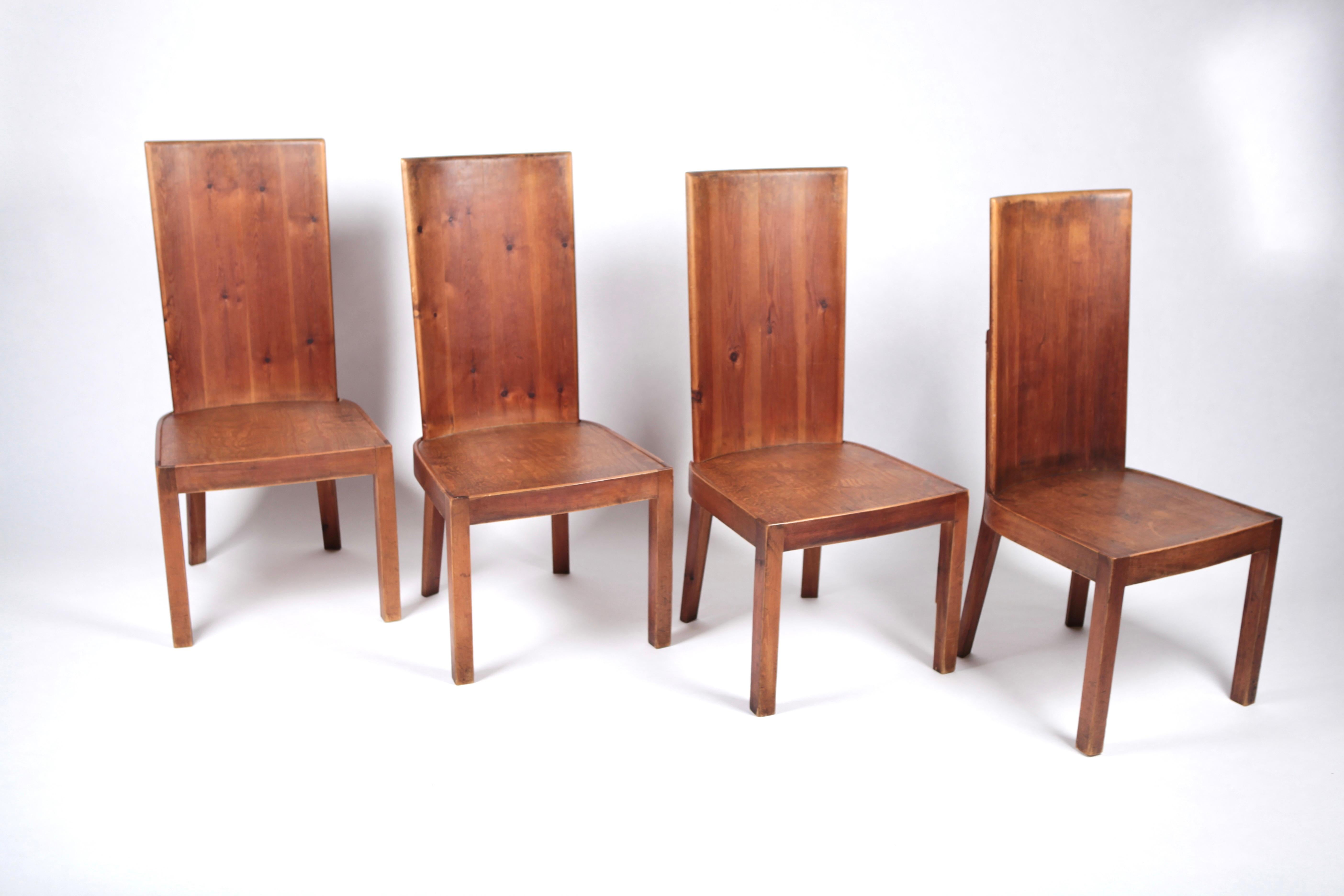 Scandinavian Modern Set of 4 High Back Stained Pine Chairs, Attributed to Axel Einar Hjorth, Sweden  For Sale