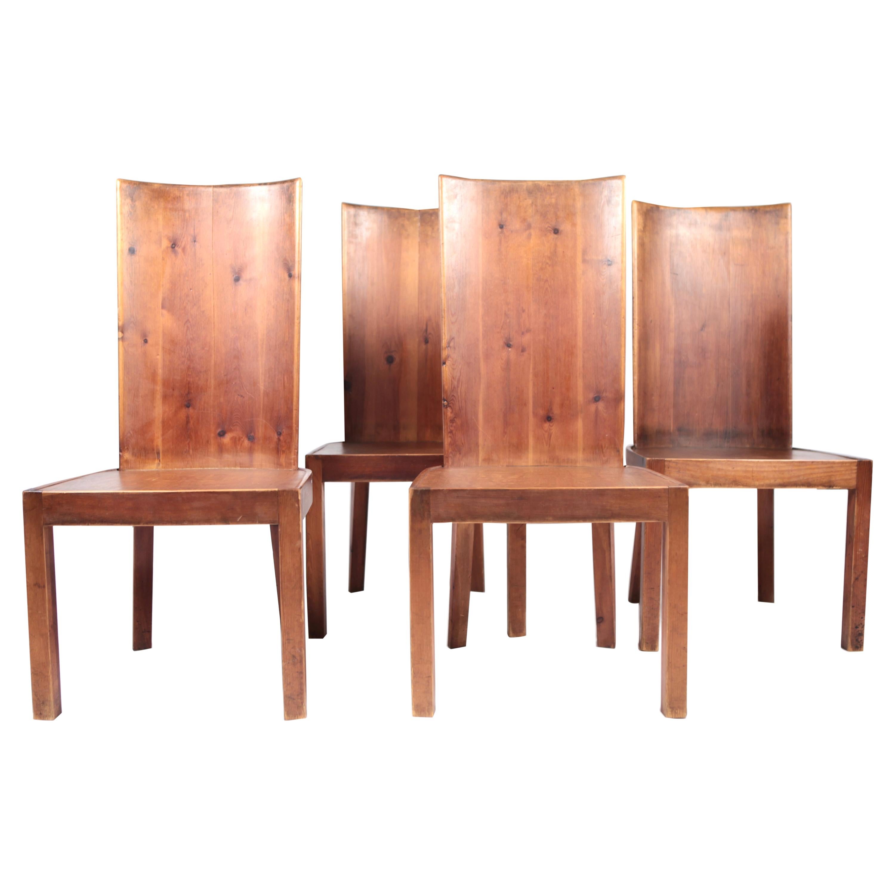 Set of 4 High Back Stained Pine Chairs, Attributed to Axel Einar Hjorth, Sweden  For Sale