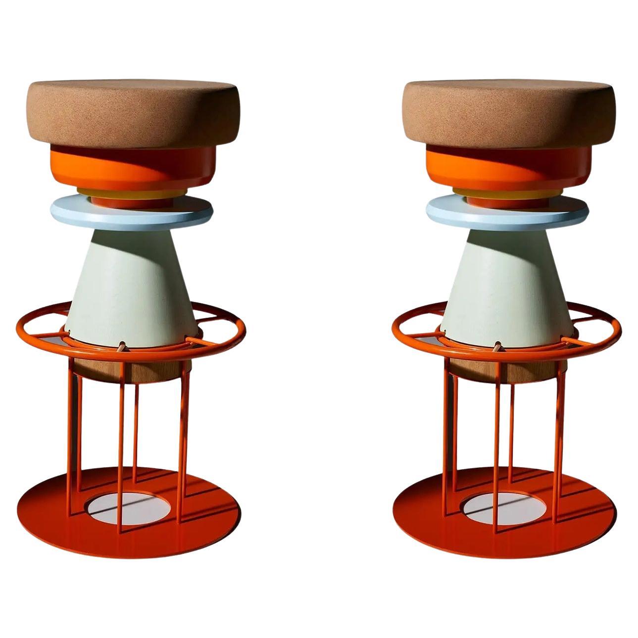 Set of 4 High Colorful tembo stool - Note Design Studio
Dimensions: D 36 x H 76 cm
Materials: Lacquered steel structure, solid wood (beech) and lacquered MDF, natural cork base.
Available in black and 3 sizes: H46, H64, H76 cm.

Tembo is a