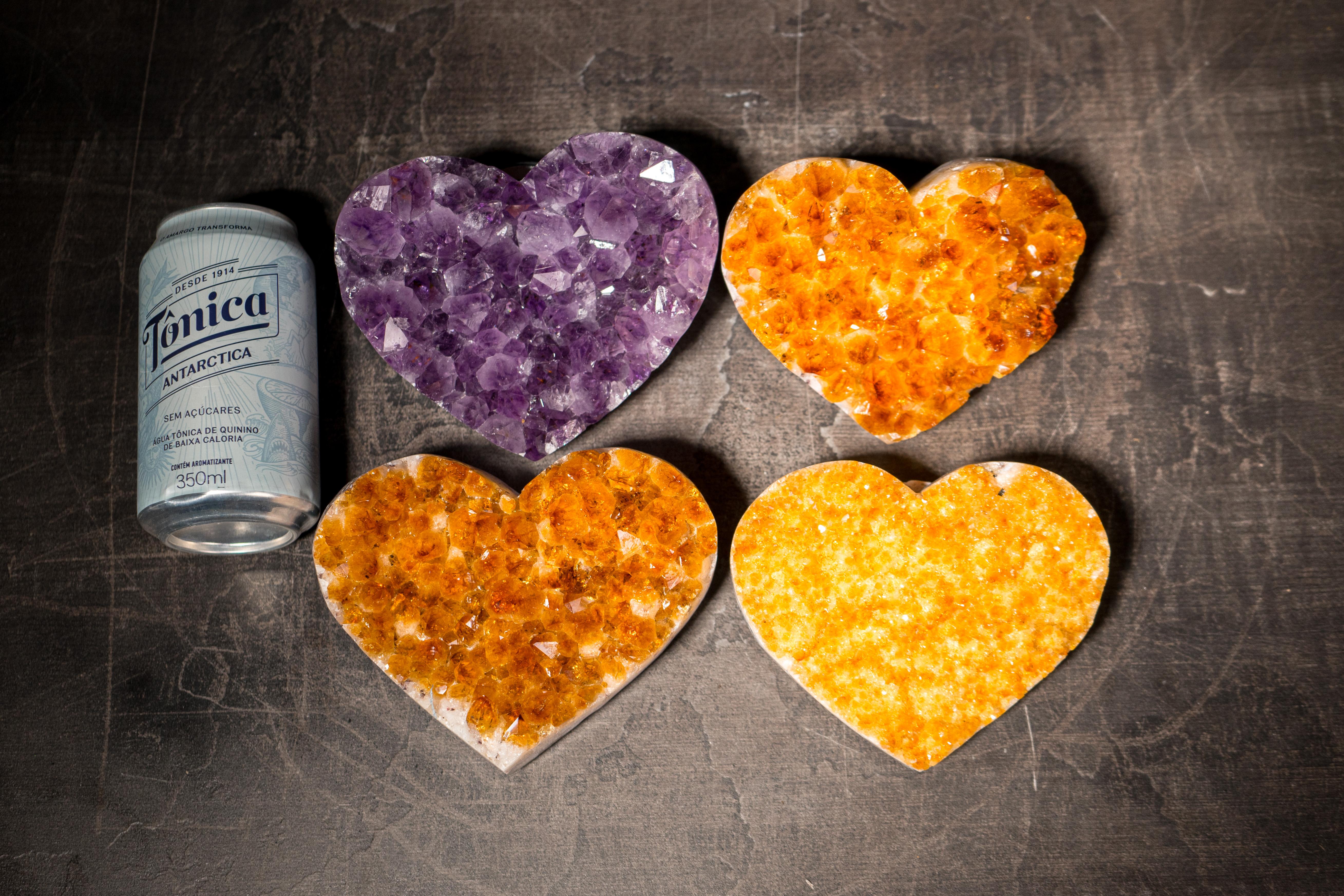 Brazilian Set of 4 High-Grade Citrine and Amethyst Hearts For Sale