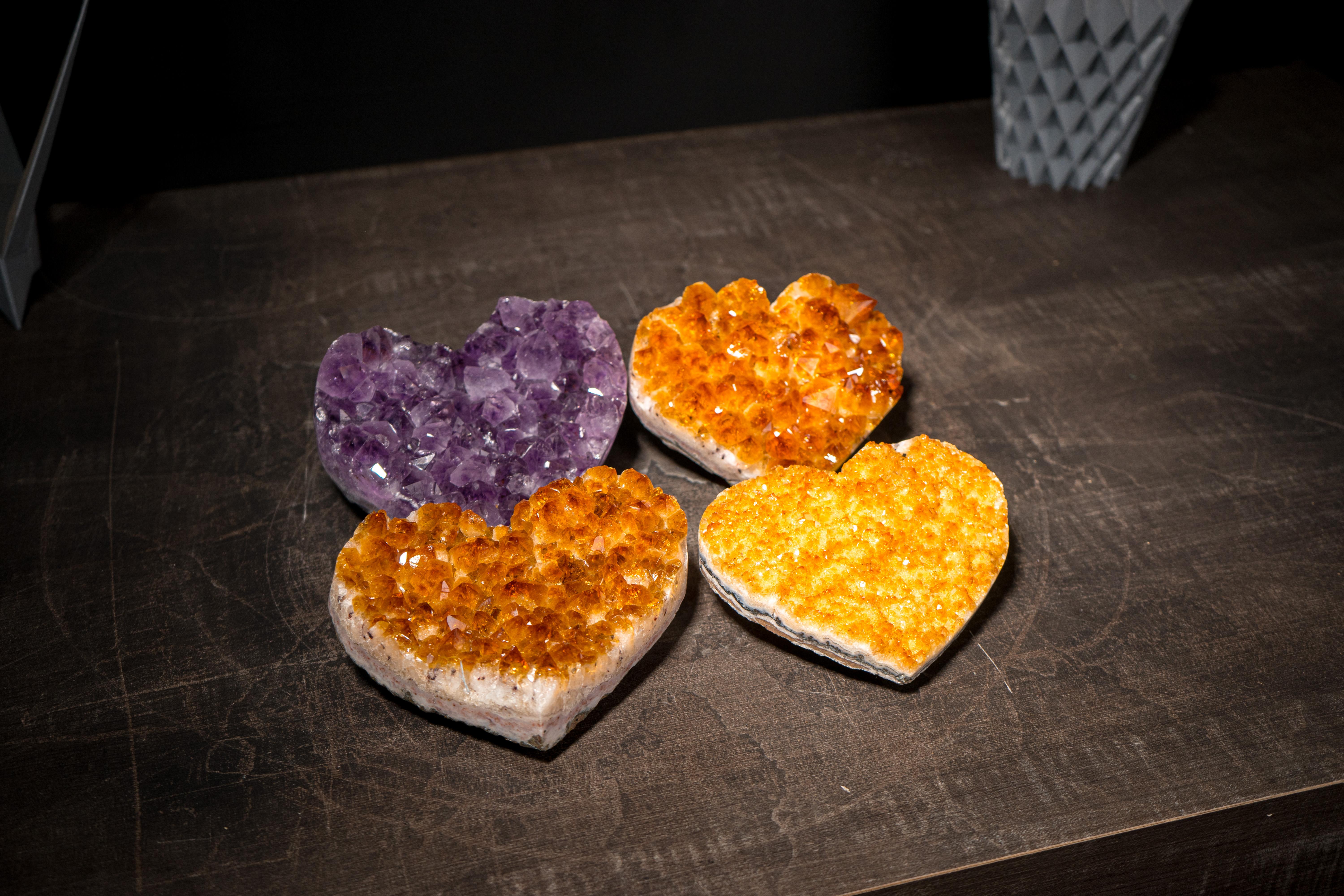 Set of 4 High-Grade Citrine and Amethyst Hearts In New Condition For Sale In Ametista Do Sul, BR