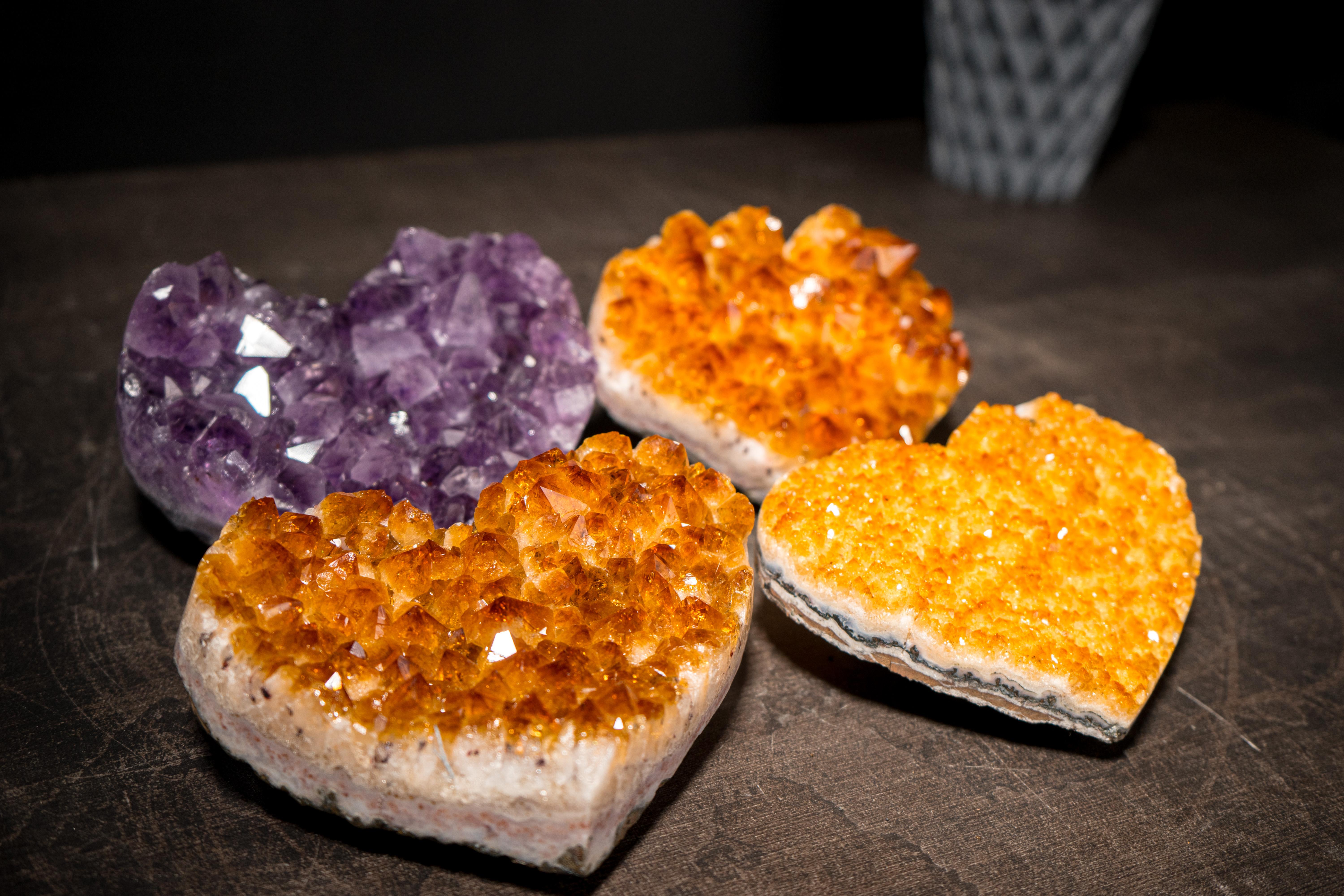 Contemporary Set of 4 High-Grade Citrine and Amethyst Hearts For Sale