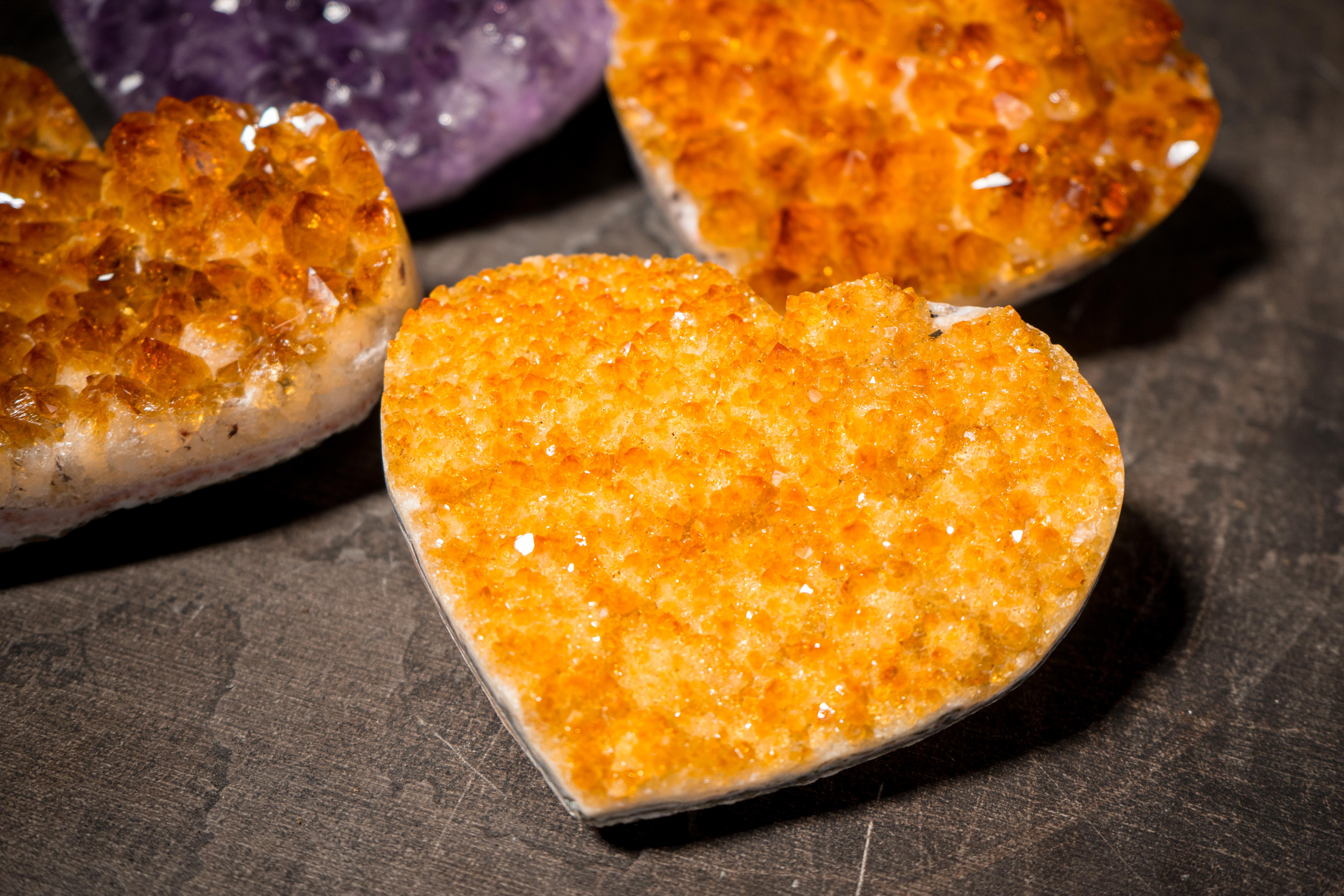 Crystal Set of 4 High-Grade Citrine and Amethyst Hearts For Sale