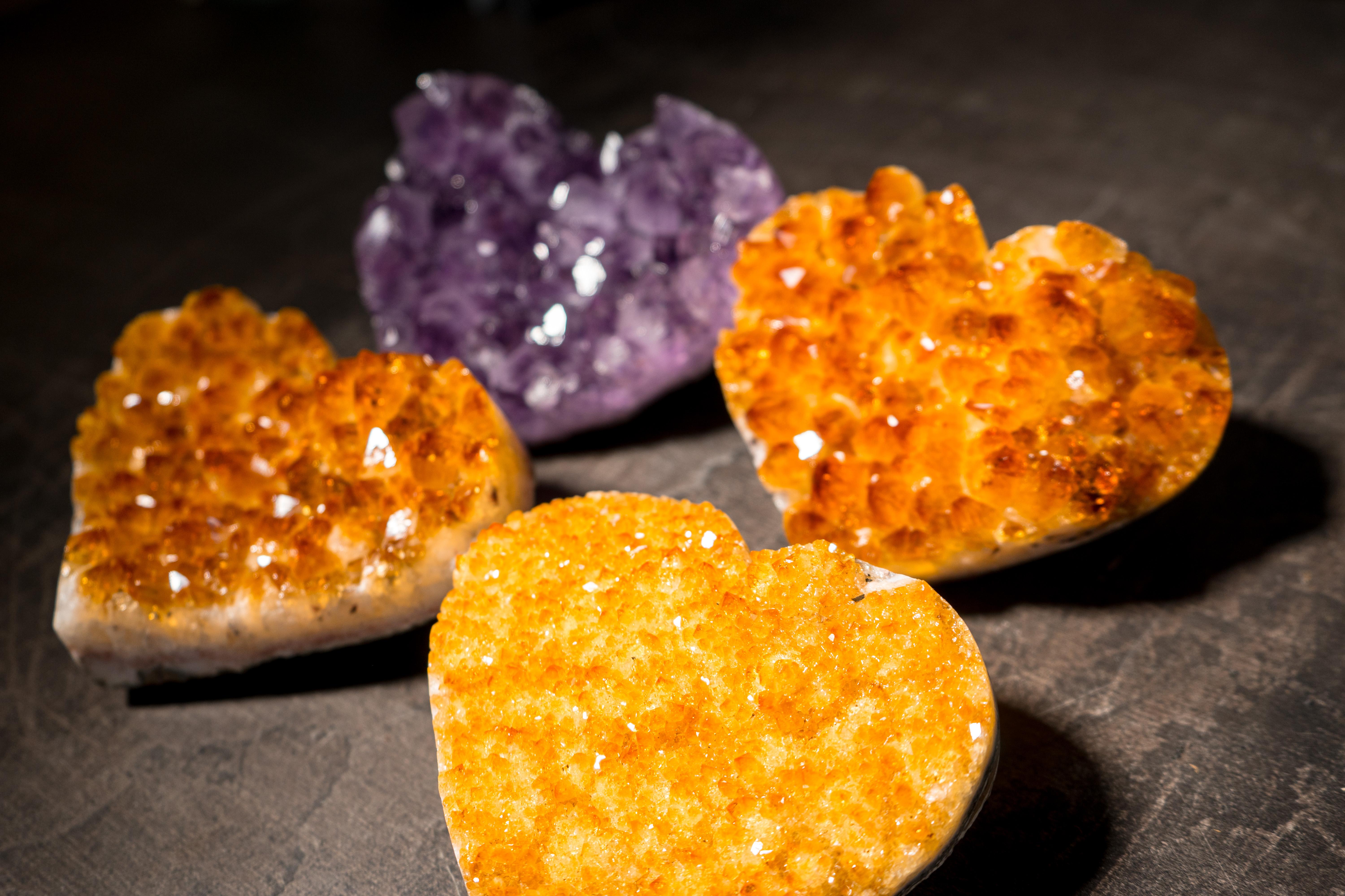 Set of 4 High-Grade Citrine and Amethyst Hearts For Sale 1