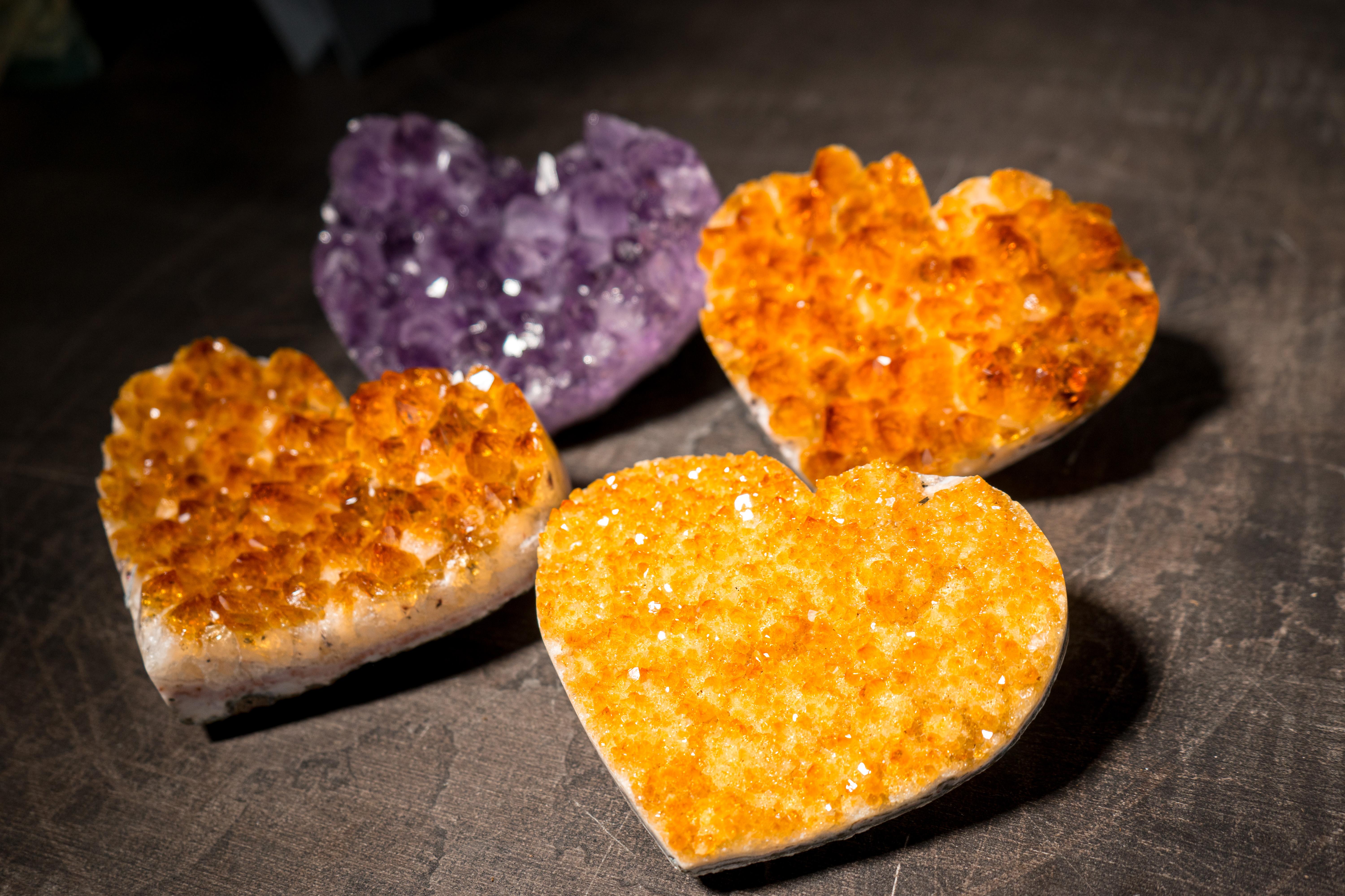 Set of 4 High-Grade Citrine and Amethyst Hearts For Sale 2
