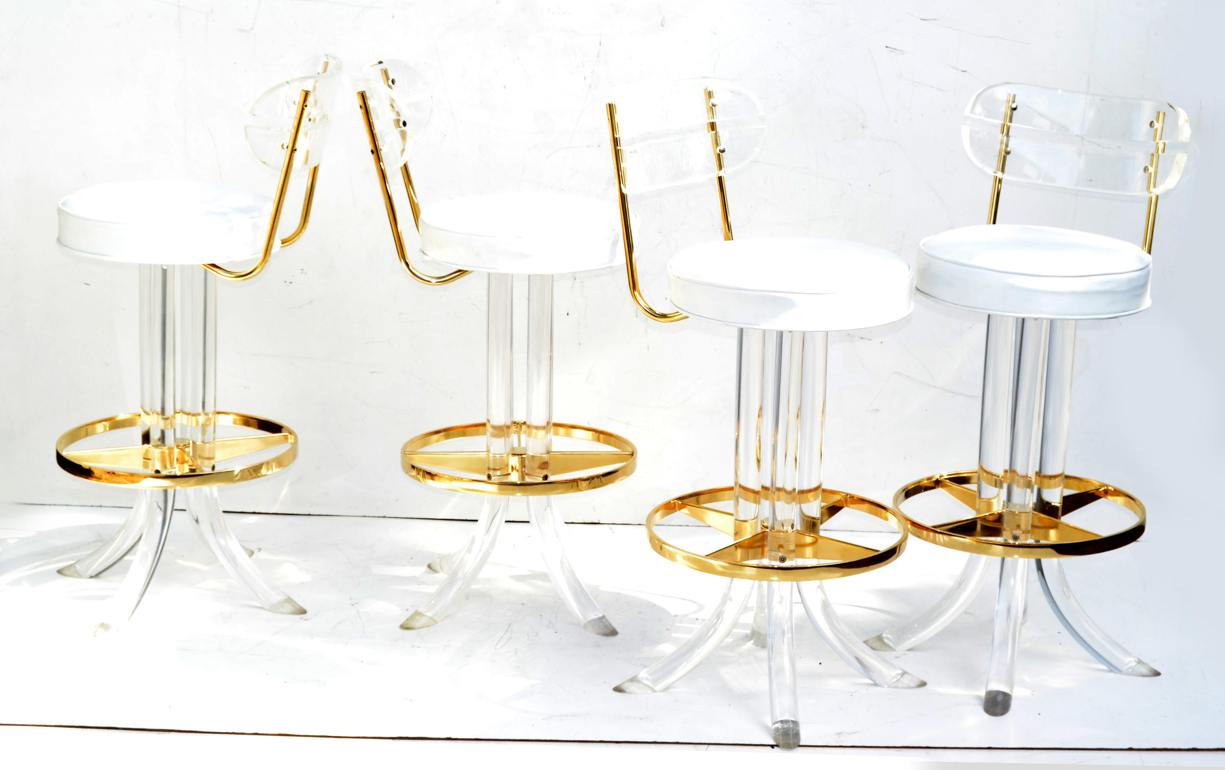 Set of 4 Hill Manufacturers Lucite & Gold Plated Swivel Bar Stools Mid-Century 7