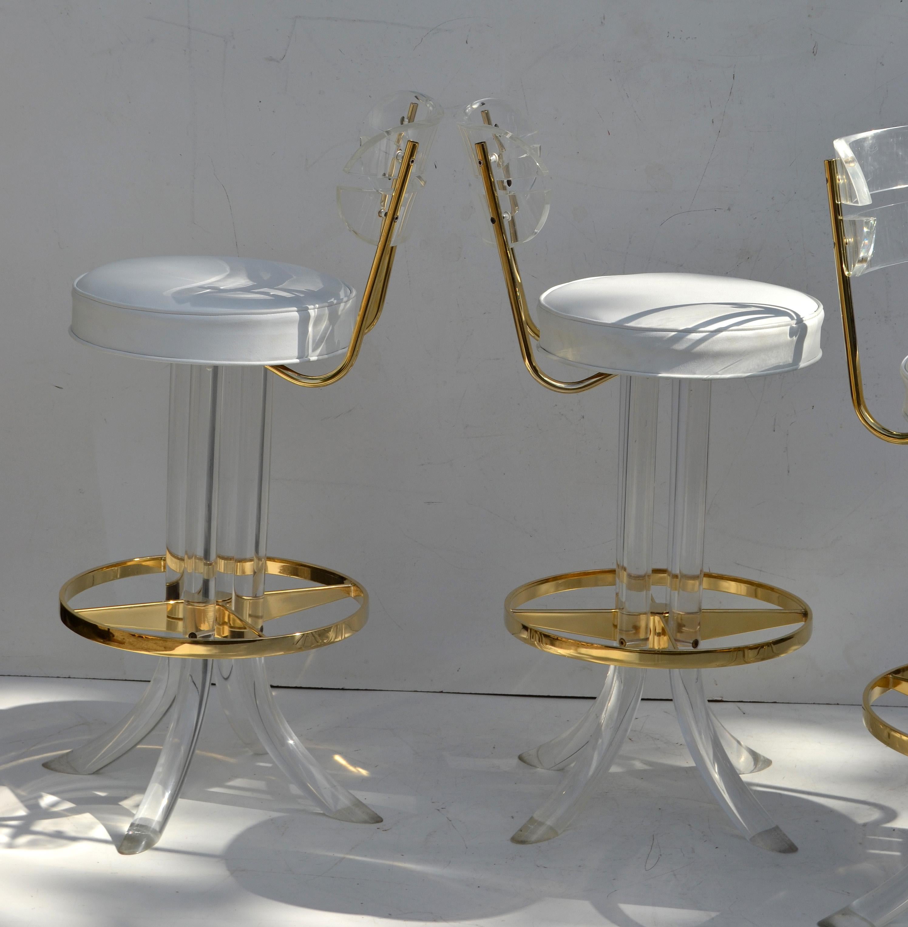 Mid-Century Modern Set of 4 Hill Manufacturers Lucite & Gold Plated Swivel Bar Stools Mid-Century