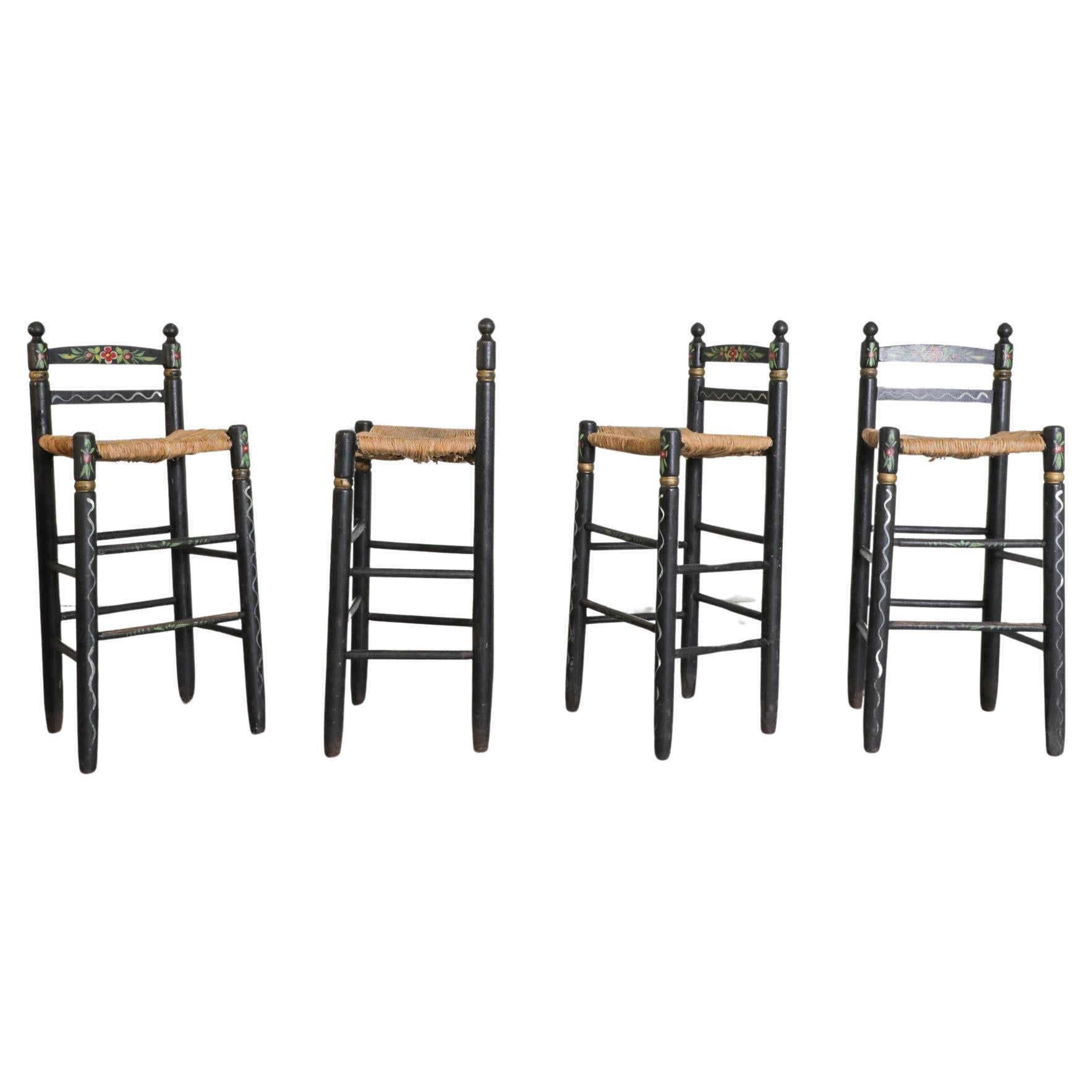 Set of 4 Hindeloopen Rush Counter Height Stools w/ Painted Designs on Black Wood