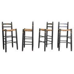 Antique Set of 4 Hindeloopen Rush Counter Height Stools w/ Painted Designs on Black Wood
