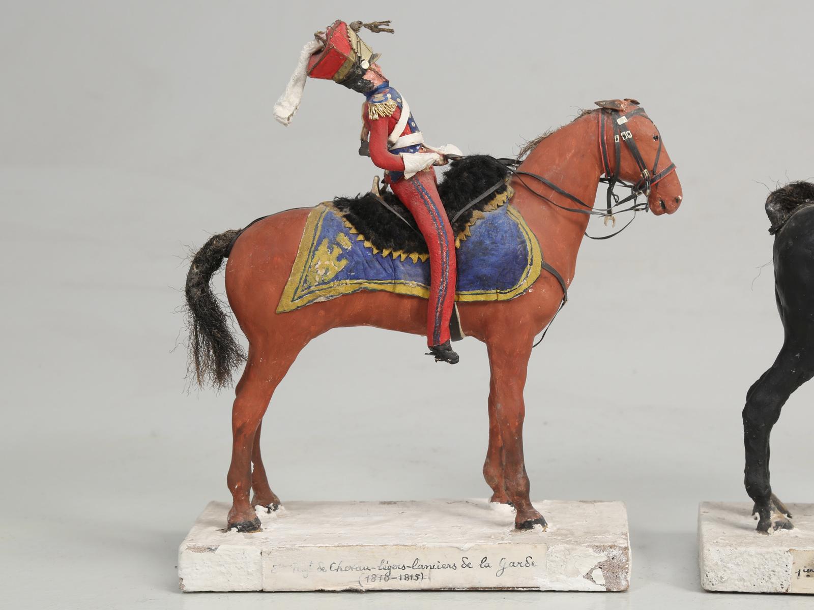 Set of (4) vintage French Military Cavalry horses. One is signed; Roger Rougier, who was a French born designer, who moved to Canada at a young age and we do not know, if he is the sculptor, behind these French cavalry military figures or not. What