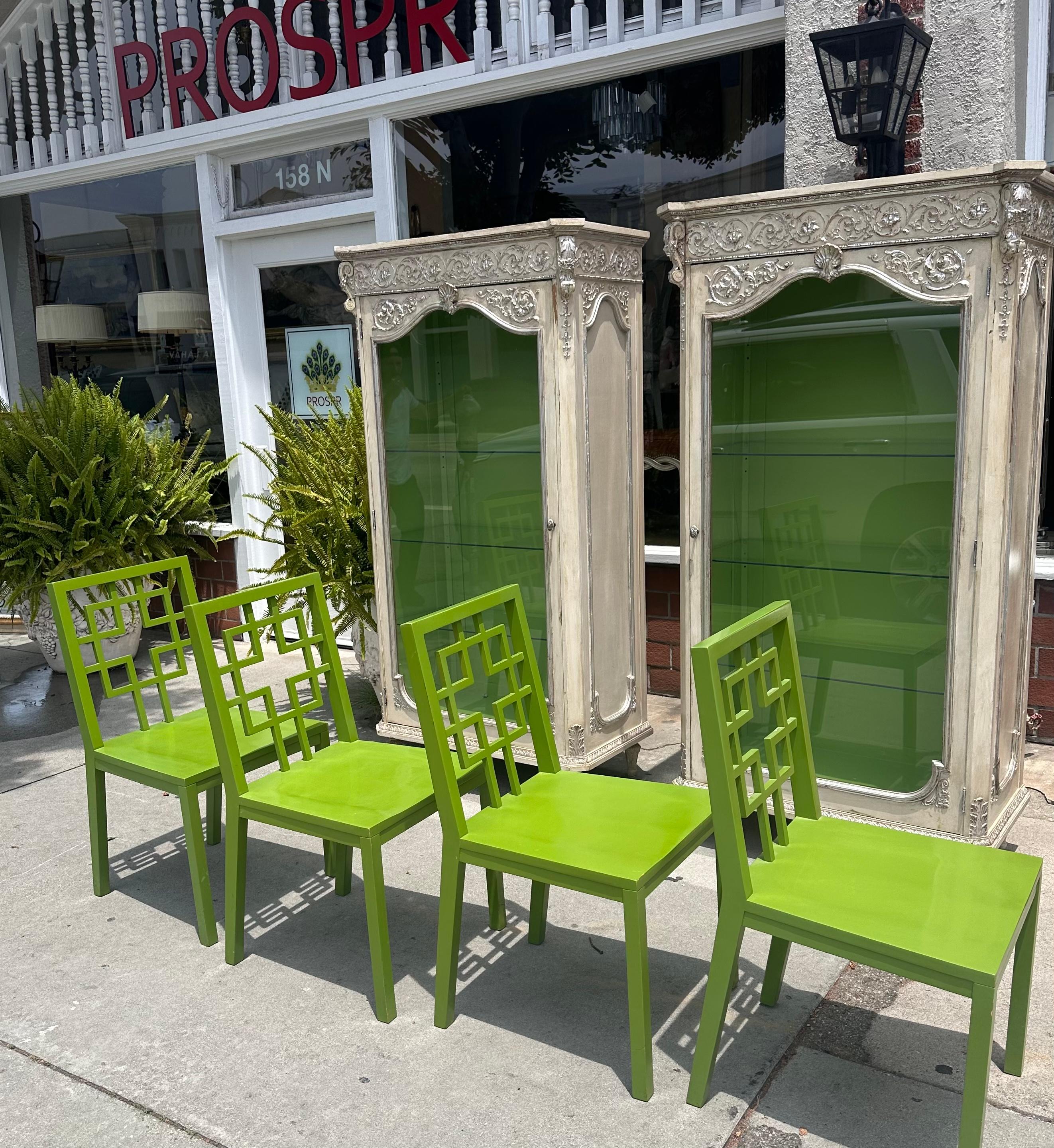 Set of 4 Hollywood Regency Chartreuse Chinoiserie Dining Chairs.