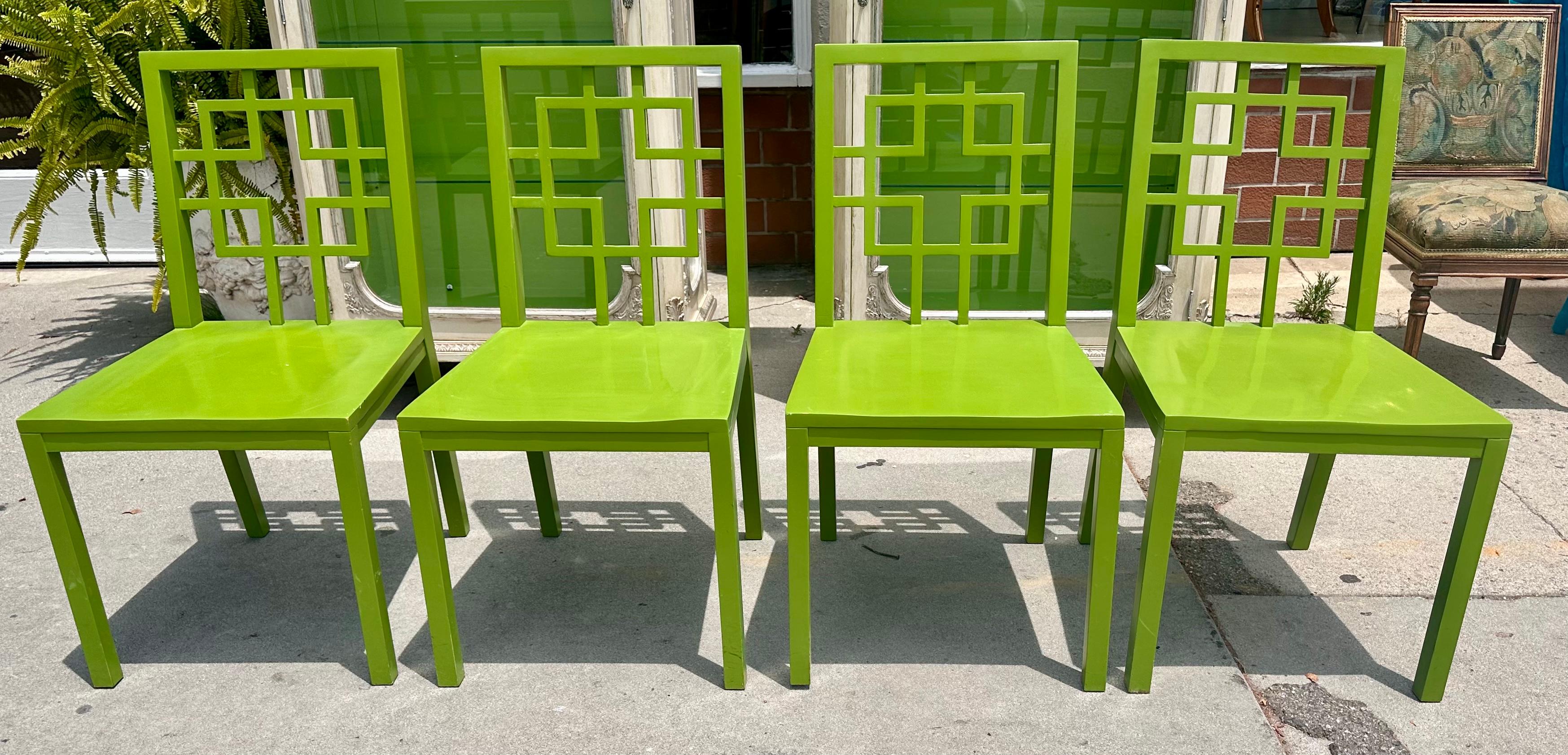 Set of 4 Hollywood Regency Chartreuse Chinoiserie Dining Chairs In Good Condition In LOS ANGELES, CA
