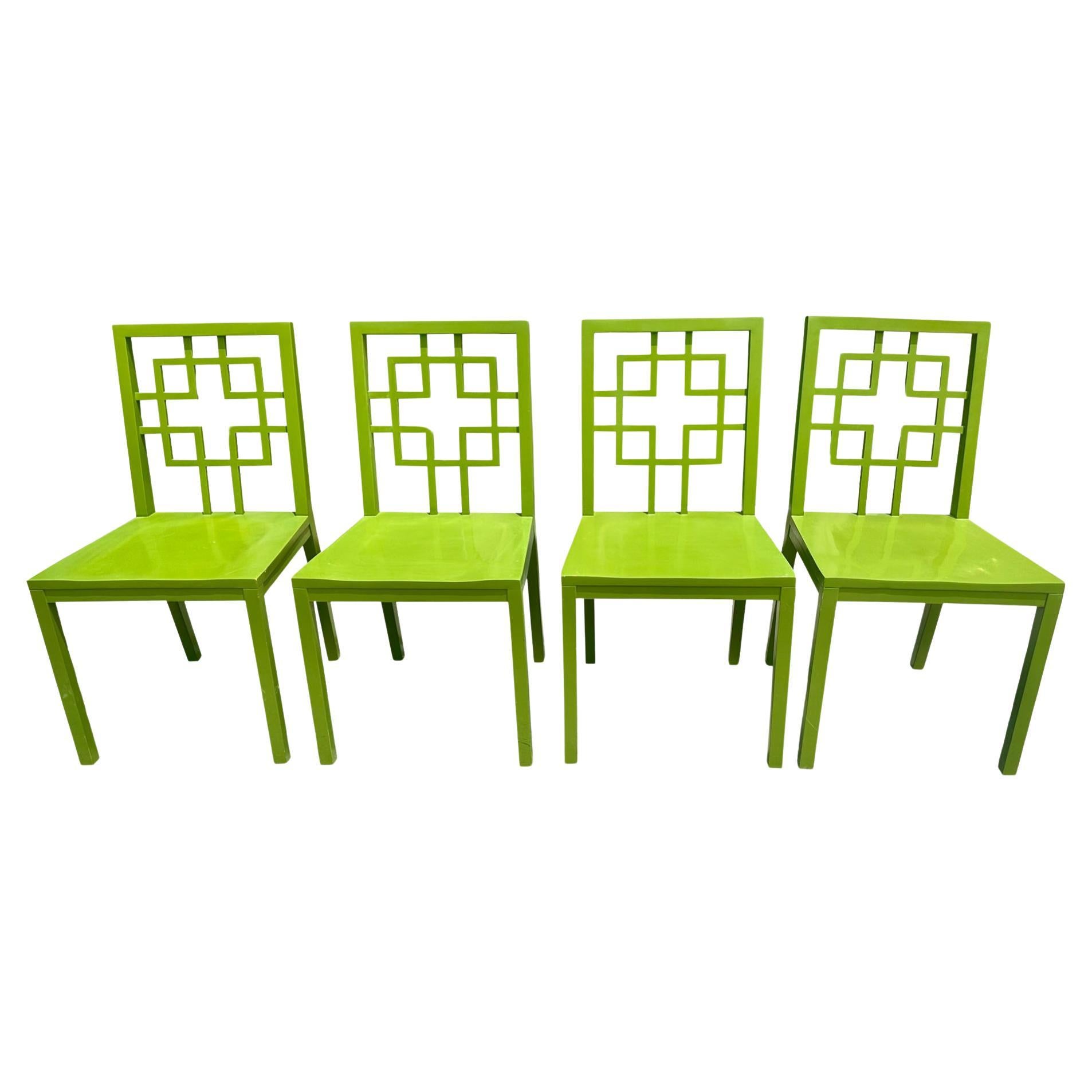 Set of 4 Hollywood Regency Chartreuse Chinoiserie Dining Chairs