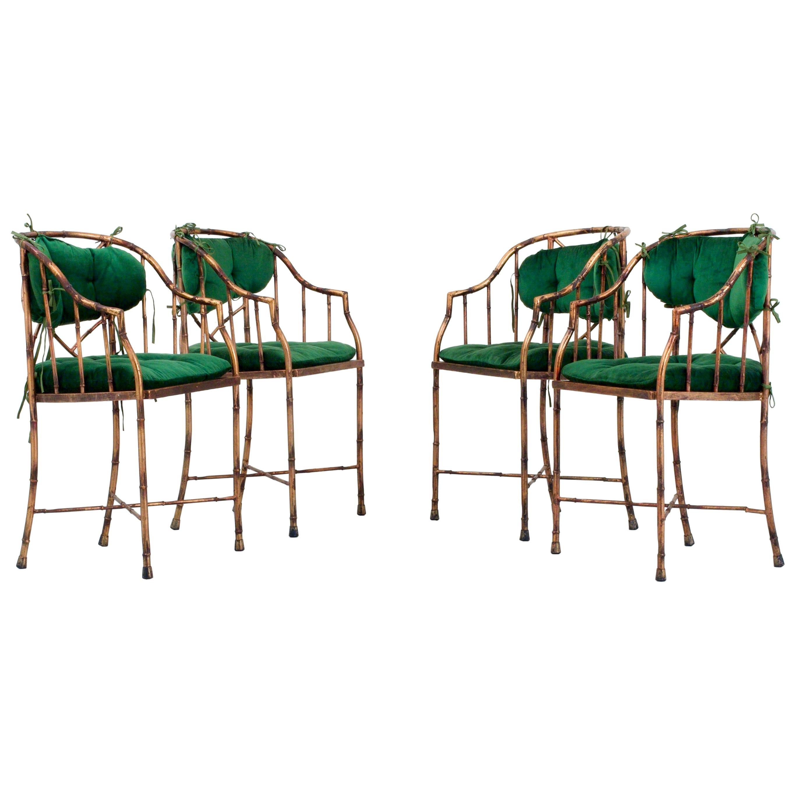 Set of 4 Hollywood Regency Dining Chairs in Metal and Velvet, France, 1970s