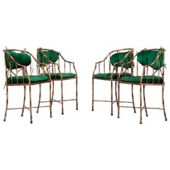 Vintage Set of 4 Hollywood Regency Dining Chairs in Metal and Velvet, France, 1970s