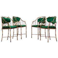 Set of 4 Hollywood Regency Dining Chairs in Metal and Velvet, France, 1970s