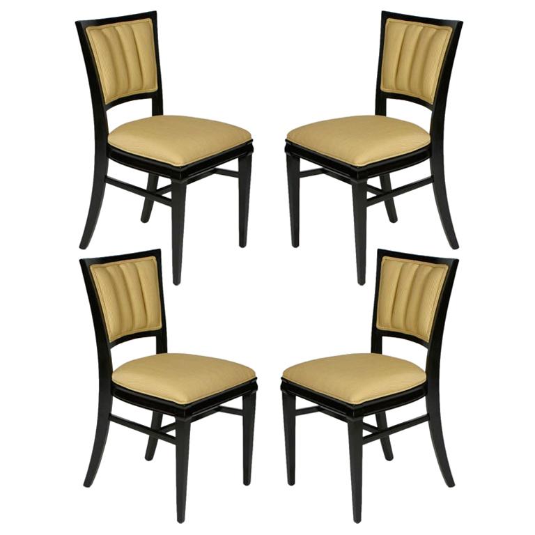 Set of 4 Hollywood Regency Ebonized Channel Back Dining Side Chairs, circa 1940s For Sale