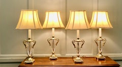 Set of Four Hollywood Regency Glass Table Lamps, Gold Accents, 1980