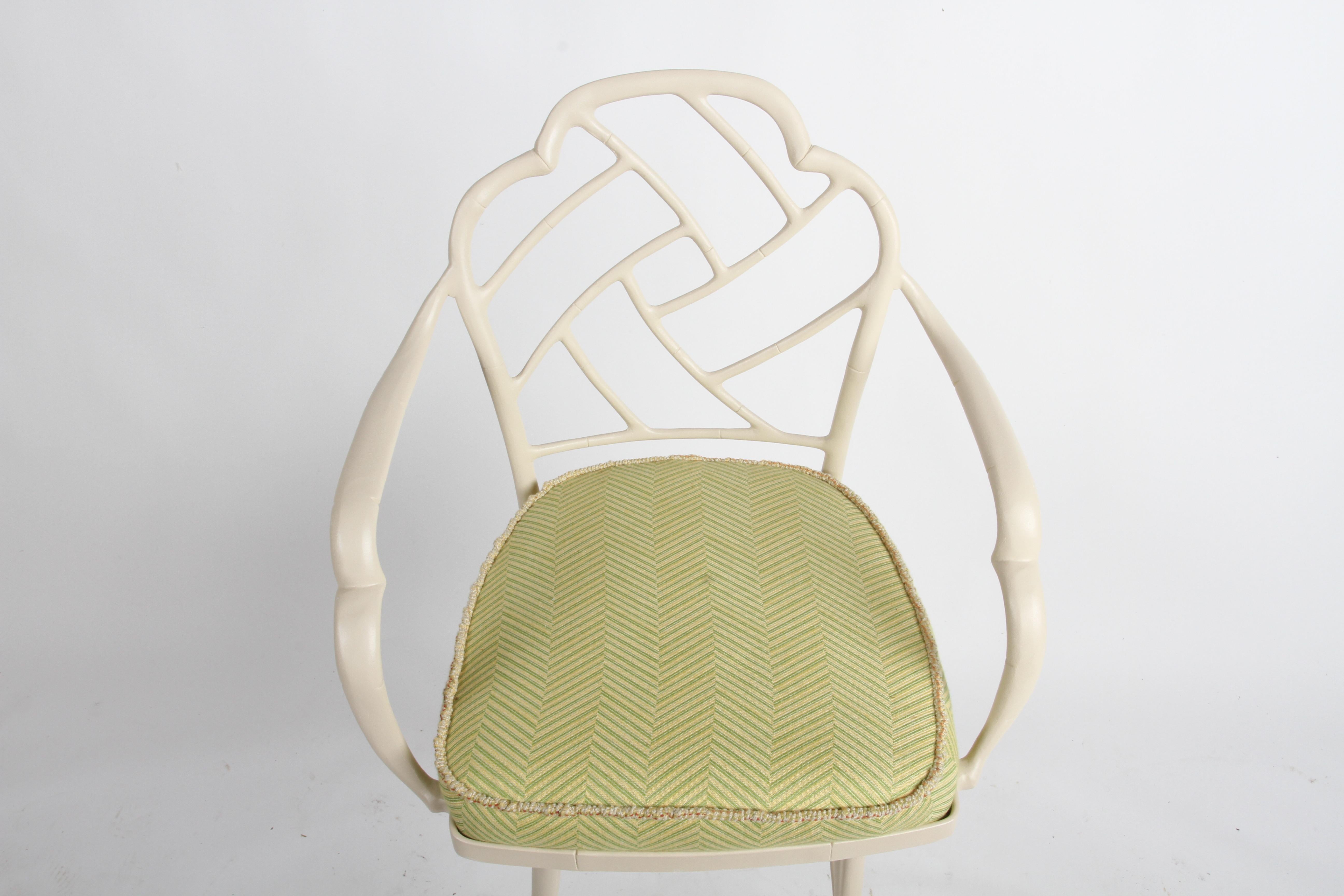 Set of 4 Hollywood Regency Painted Aluminum White Faux Bamboo Swivel Barstools 1