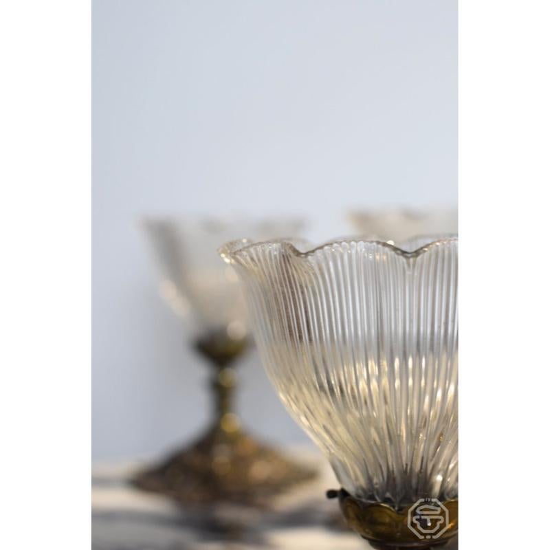 Brass Set of 4 Holophane Prismatic Glass Sconces by André Blondel, France, 1920s For Sale