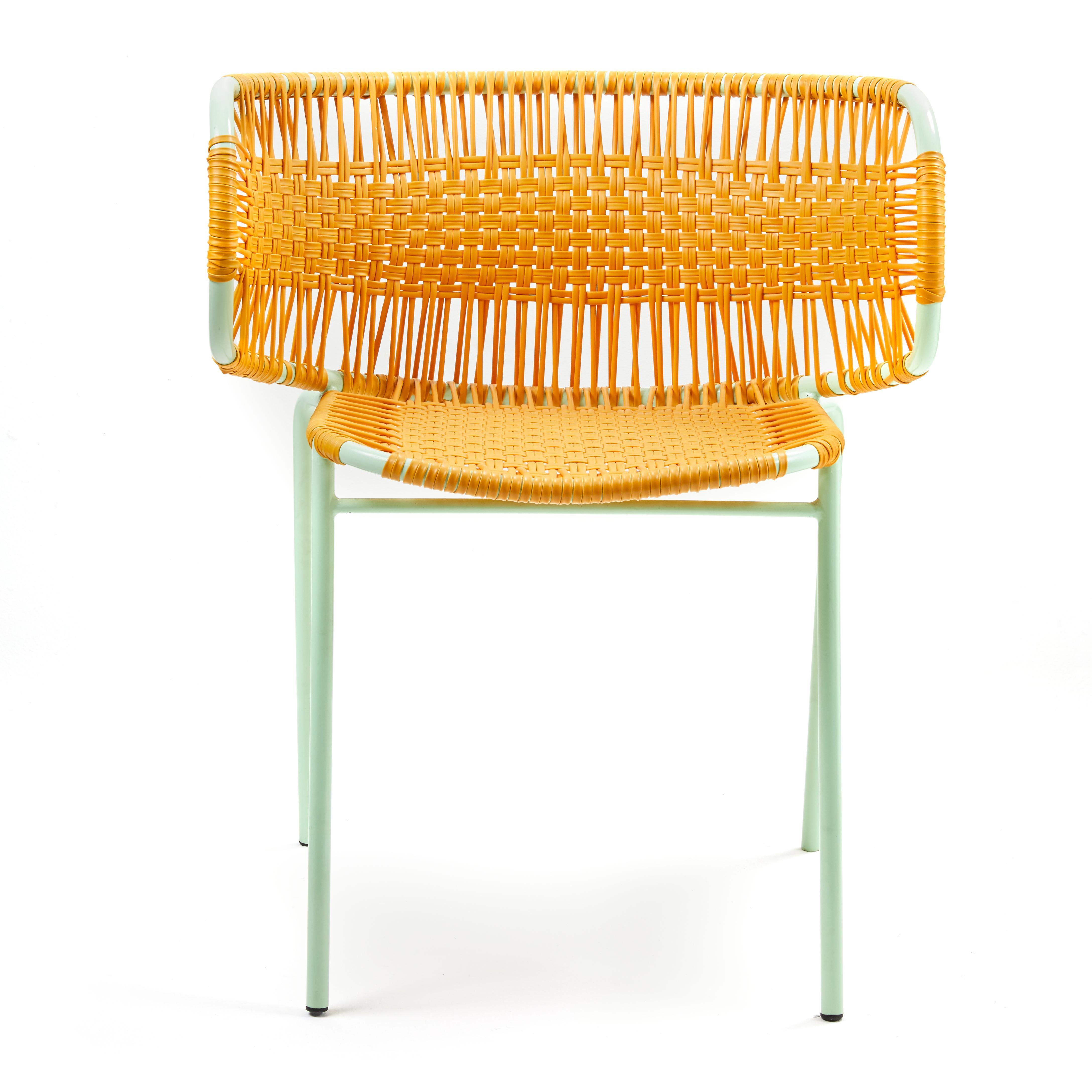Modern Set of 4 Honey Cielo Stacking Chair with Armrest by Sebastian Herkner For Sale
