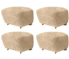 Set of 4 Honey Natural Oak Sheepskin the Tired Man Footstools by Lassen