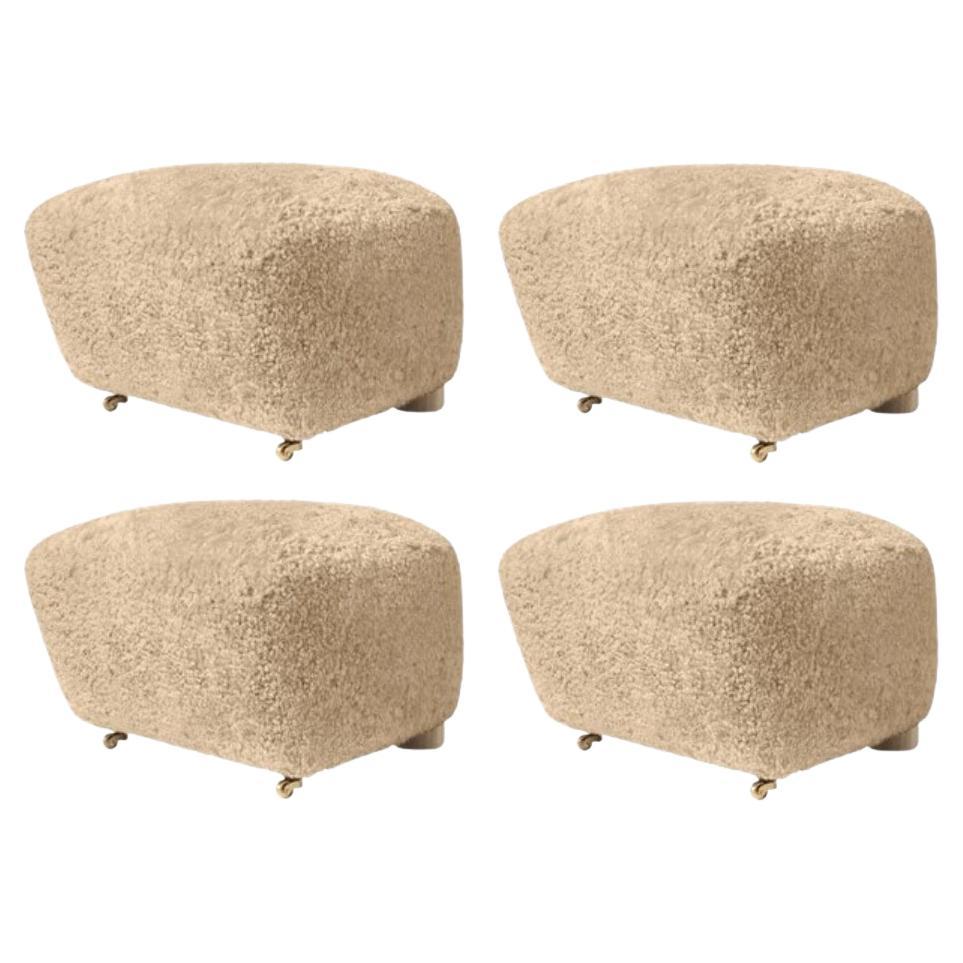 Set of 4 Honey Natural Oak Sheepskin the Tired Man Footstools by Lassen