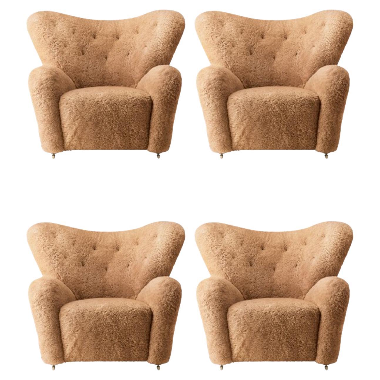 Set of 4 Honey Sheepskin The Tired Man Lounge Chair by Lassen For Sale